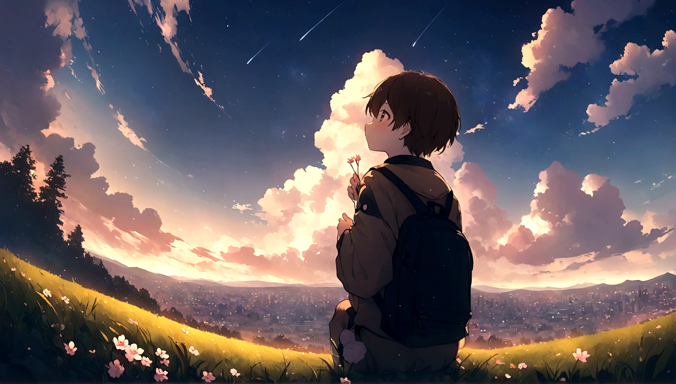 City of night、The sky is wonderful、meteor、3 year old sitting on top of a building、Brown Hair、Back view、The city is bright with streetlights、Landscape Main、highest quality、Anime Scenery、Xin Haichen、building、Field、Milky Way 110207, distant 3 year old little boyt
the performer,(Zoom out:1.1),(meteor:1.2)、(comet:1.1,yourname、Low Anglem behind、Alola、shooting star、cherry blossoms、Standing in the Field、highest quality、masterpiece、cloud、colorful、Starry Sky、performer、