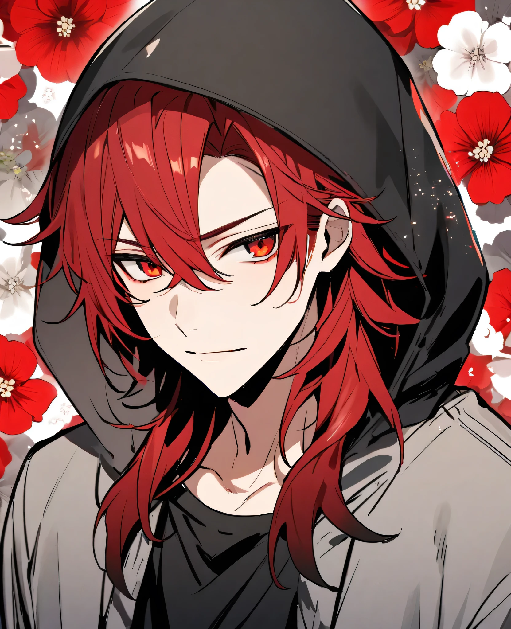 Beautiful, One, 1 man, shoulder hair, red hair with smoky gray tips, red eyes, black shirt, Black and white with hood, blood sparkle, higanbana flower background