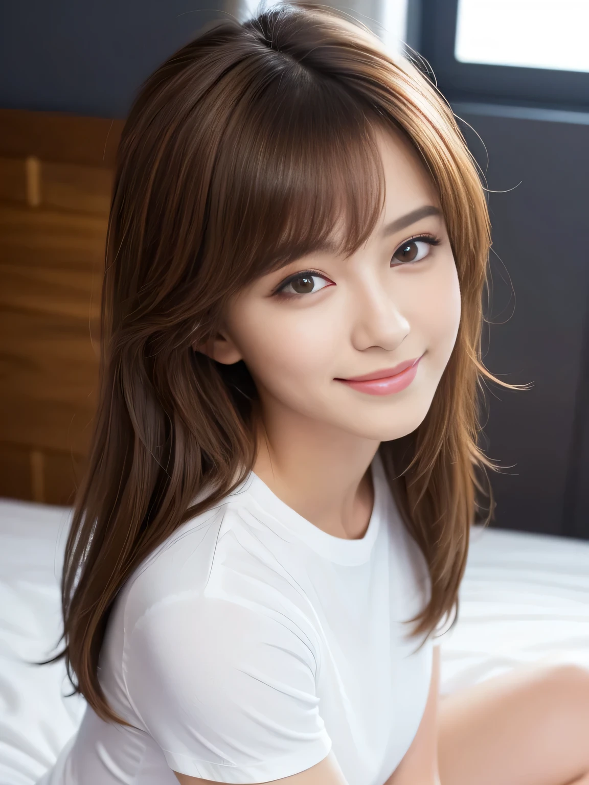 masterpiece, best quality, ultra-detailed, intricately detailed hyperdetailed, realistic, sharp features, highly detailed, sharp focus, Realistic, Photorealistic:1.3, (20 years old:1.3), perfect face, perfect symmetrically eyes, perfect full lips, hyper detailed, hyper realistic, high resolution, Fashion Model, Japanese Idol, Slender, brown hair, Stylish, Beautiful Face, light brown hair, messy hair, Beautiful hairstyle, , (grin), (tight fitting white t-shirt:1.2), (kneeling), Bed, (looking at viewer), upper body, (high angle shot), cinematic lighting, in focus with blurred background,