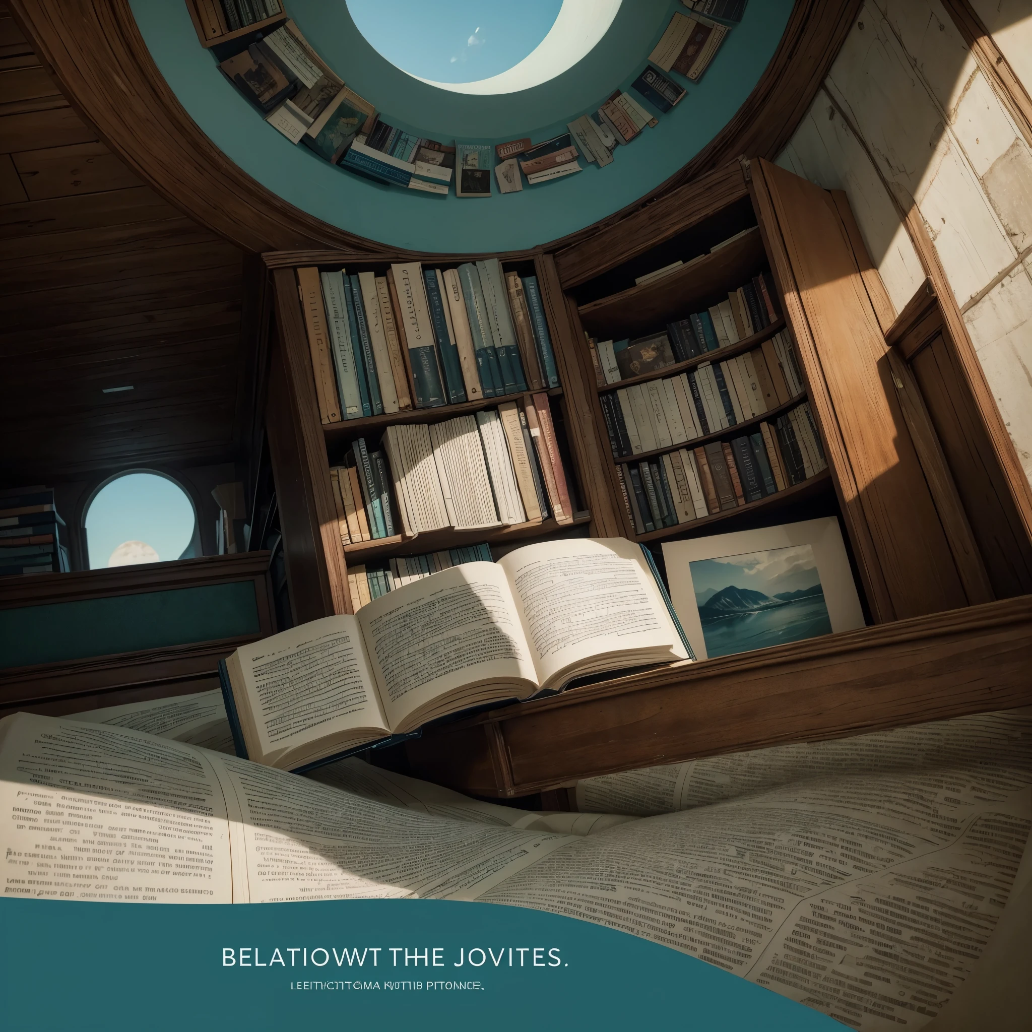 Design an engaging literary scenario, with bookshelves full of varied works, suggesting a wide range of literary themes and genres. Add visual elements that represent a journey, such as a winding road that extends to the horizon, indicating a journey of discovery and adventure through the pages. Include the featured 'Books Day' logo in the center of the banner, with a font that matches the style and tone of the logo. Use colors that complement the logo and convey a sense of calm and curiosity, such as soft shades of blue, green and brown. Make sure that the text is readable and that the banner is visually attractive and inviting.