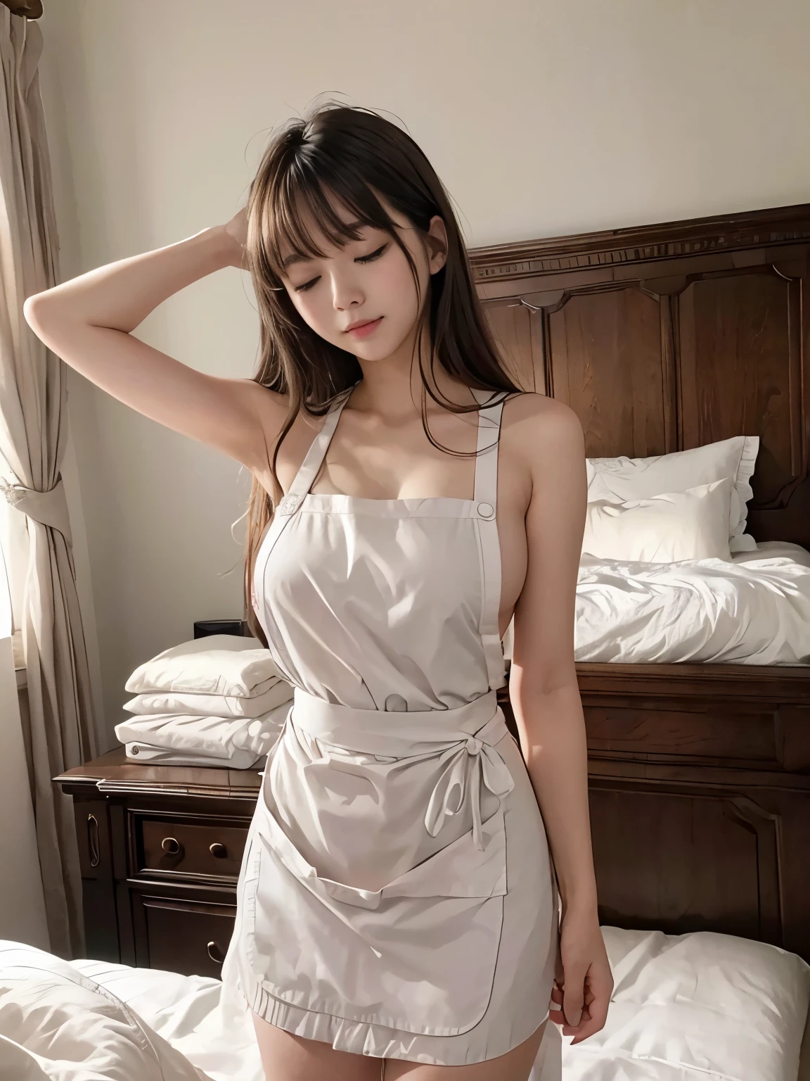 masterpiece、8k、High resolution、Super detailed、(cute、beautiful、beautiful:1.3),(Bedroom:1.3)、(wearing a naked apron)、(sleeping on one&#39;s back:1.3)、whole body、flat chest、Beautiful feet、night、gentle lighting、A face that feels beautiful、((１people))、((Cute and sexy poses))、Photoreal、Dense and beautiful eyes、hyper realism、high contrast、ultra hd、best image quality、highest quality、small details、very politely,Beautiful woman,highly detailed face,realistic,Beautiful woman,highly detailed face,20-year-old,detailed facial features