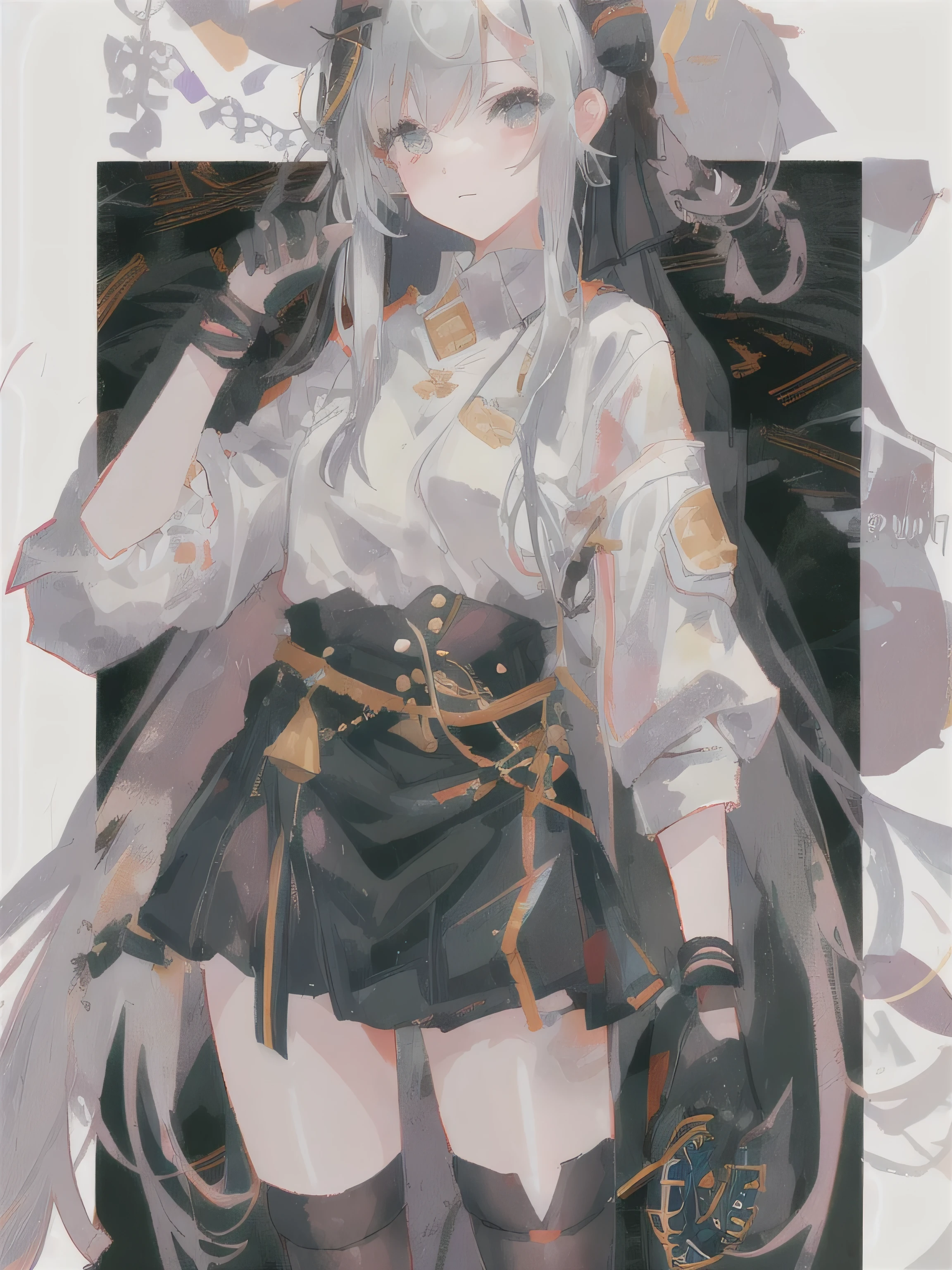 Anime girl with horns and white shirt and black skirt, from Girls' Frontline, from Ark of Tomorrow, Girls' Frontline style, fine details. Girls' Frontline, Girls' Frontline cg, Popular topics on artstation pixiv, Girls' Frontline, Double ponytail white_Gloves, Neil:Inspired by automata, Neil : Inspired by automata, Girls' Frontline universe, Ark of Tomorrow