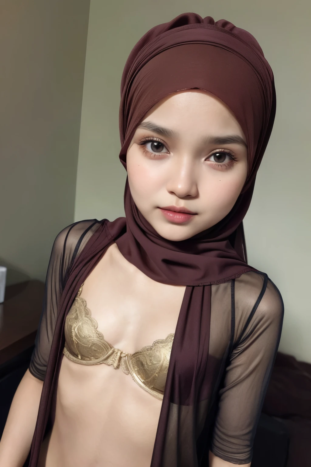 Very Thin body (Wearing Bra Lingerie), (((HIJAB MALAY GIRL))), masutepiece, High quality, UHD 32K, Realistic face, Realistic skin feeling , A Malay Lady, , , Very cute and baby-like face, (((FLAT CHEST))), (MATRIX WORLD), ((look In front at the camera and SADNESS)), ((())), (((CUTE GIRL))), ((BROWN LIPS)), ((BROWN)), (undress). WEAR BRA LINGERIE, gold, purple, lace