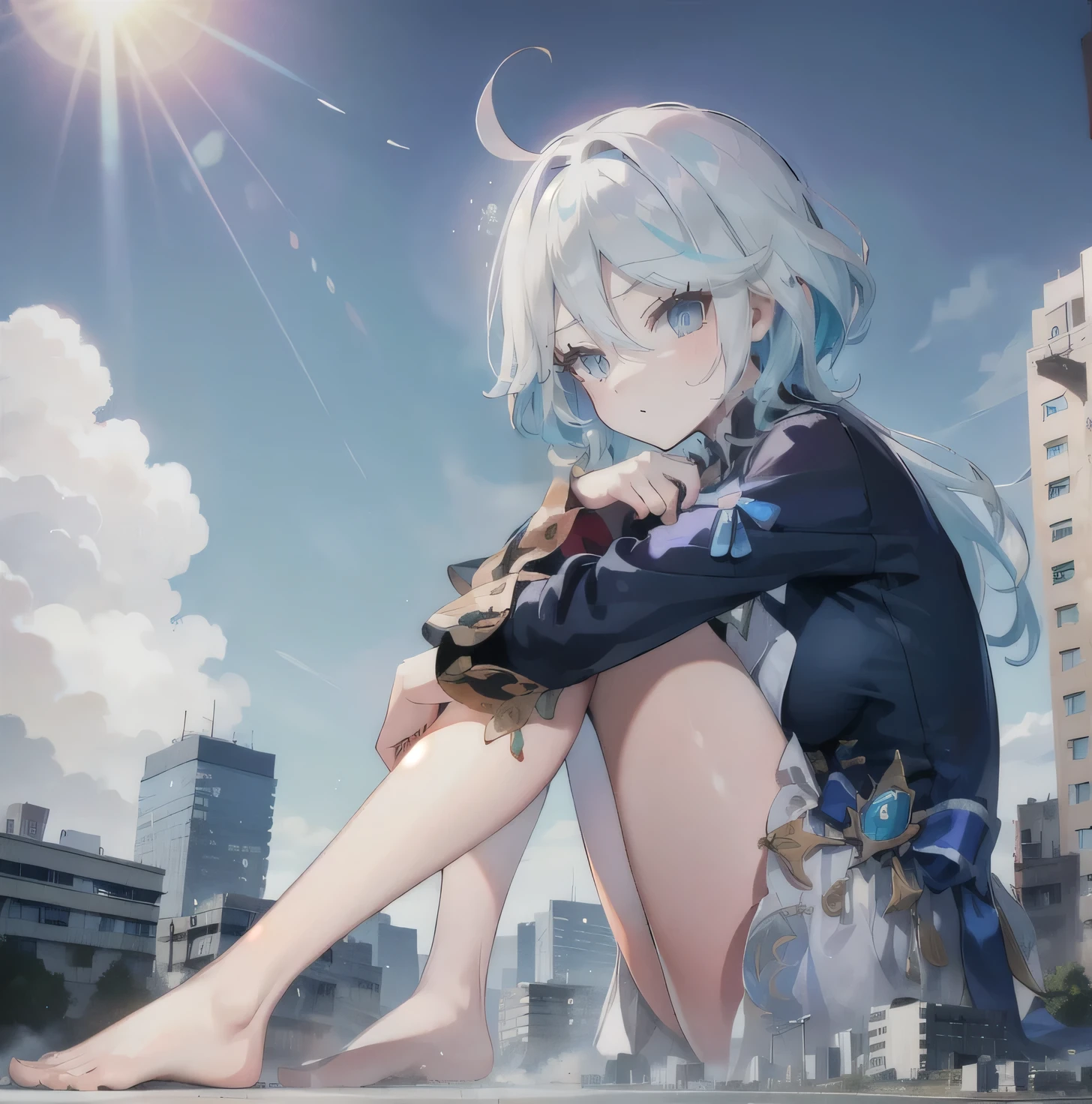 1 Girl,Shy,barefoot,white blue hair,blue eyes,Lying on the planet,line-up,line-upGiga,city building,line-upCity,look up