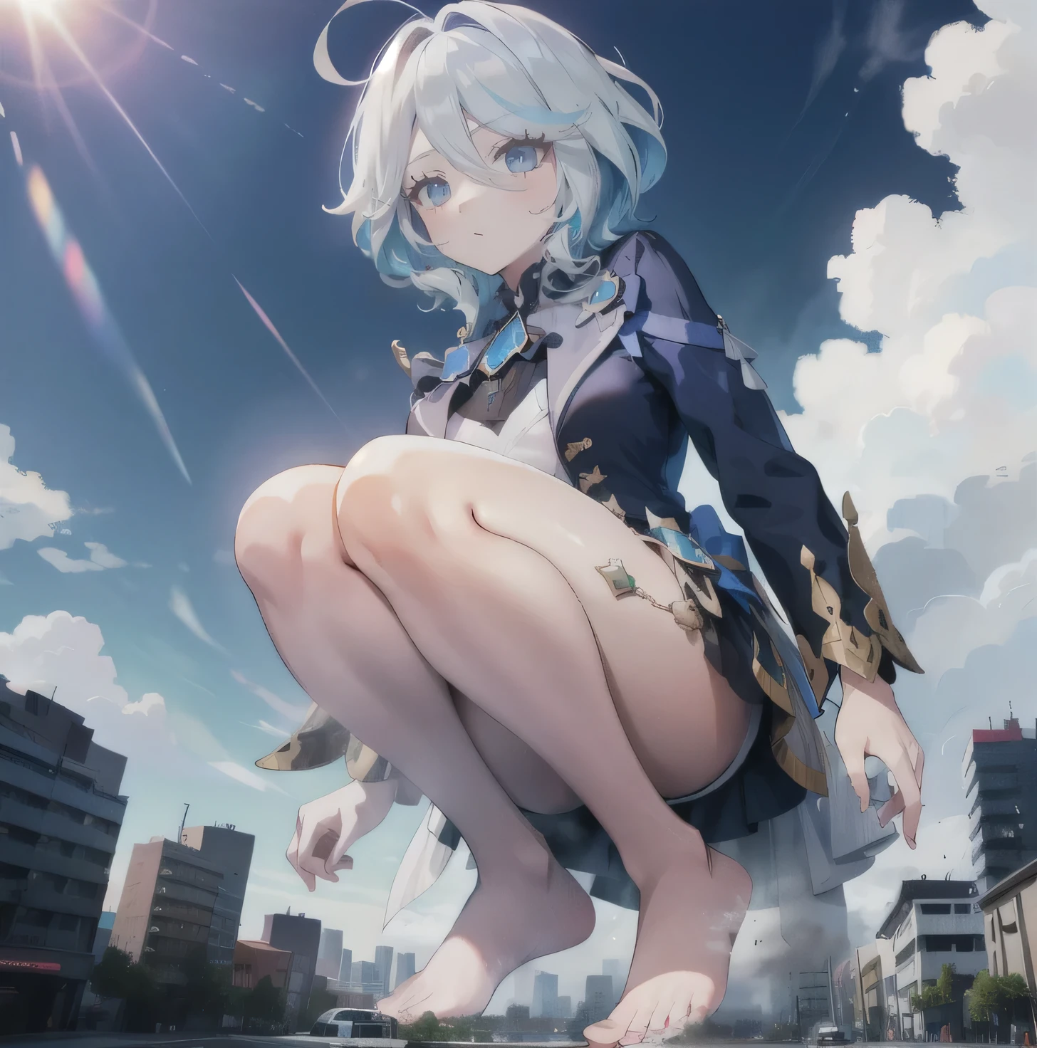 1 Girl,huge,Shy,barefoot,white blue hair,blue eyes,Sitting on the Earth,line-up,line-upGiga,city building,line-upCity,Look up from the bottom up,whole body