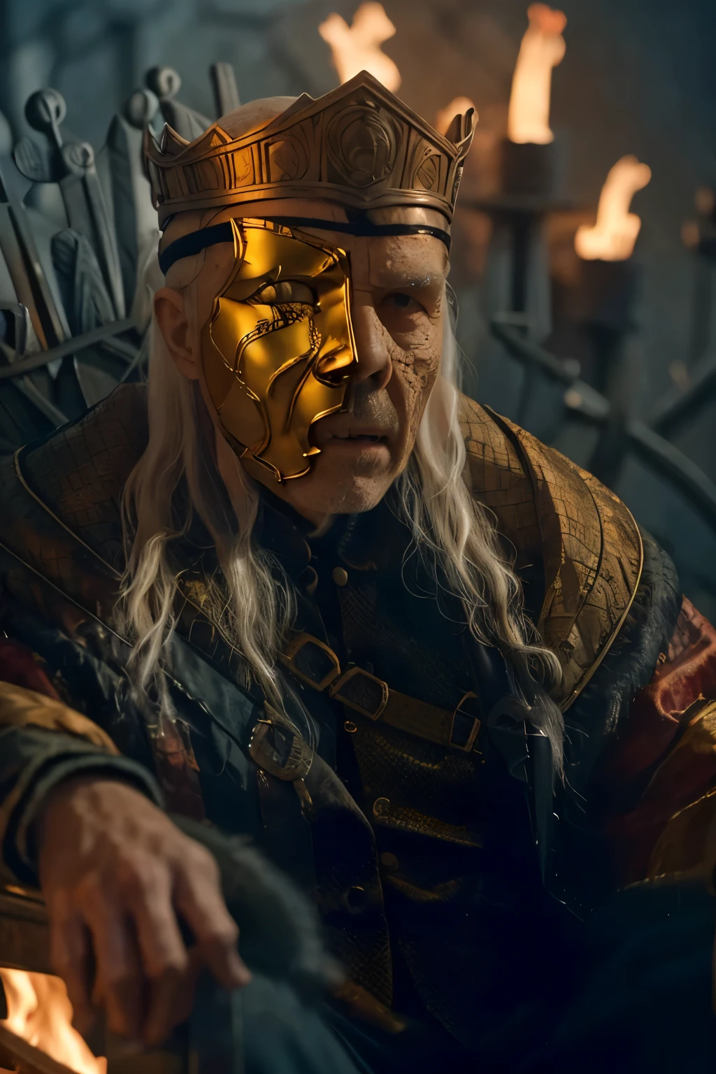 
(masterpiece, best quality:1.2), (((1 Man, male))), (((Cinematic epic poster))) of Sick Viserys ,((old man 80 years old)), ((hotting face)), ((wearing a golden mask on half face, crown on her head)),  sitting on Iron Throne, Gothic style, (((detailed face))), (a detailed RAW photo of a ), (master part:1.0), (best quality:1.4), (Ultra Highres:1.2), (photorealistic:1.4), 8K resolution, Canon EOS R5, 50 millimeters, Absurd, Ultra Detailed, sharp focus, Cinematic lighting, detailed face, (ULZZANG-6500-V1.1), detailed skin texture, pale skin, chest round, (pale :0.5), Cinematic lighting. (((Abstract flame background, cinematic lighting ))) 