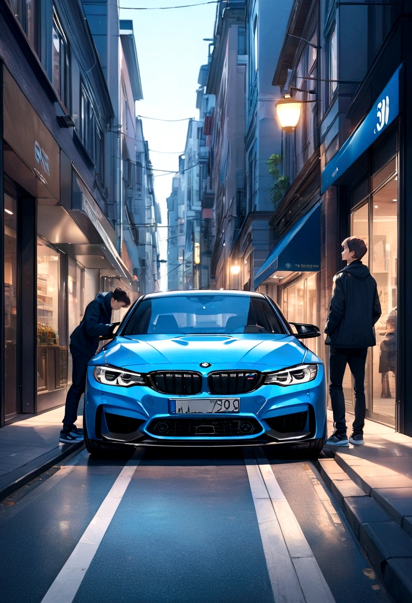 A boy looking for a blue BMW, m3 g80 in the city