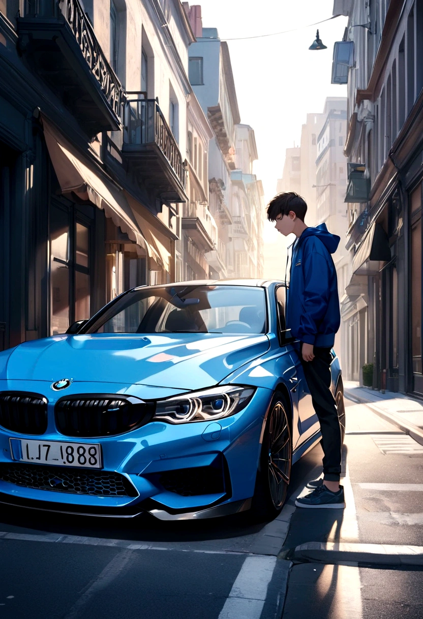 A boy looking for a blue BMW, m3 g80 in the city