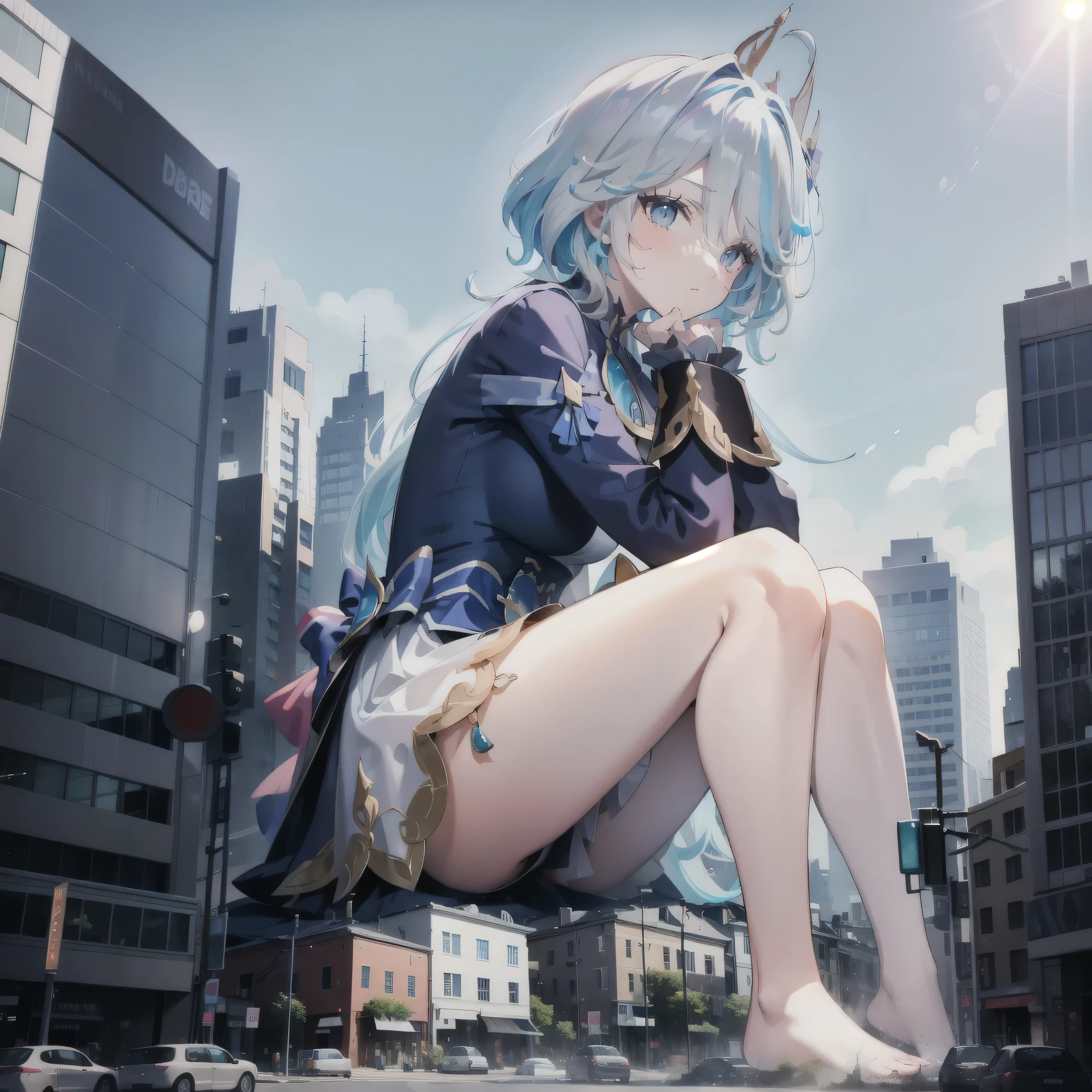 1 Girl,huge,Shy,barefoot,white blue hair,blue eyes,Sitting on the Earth,line-up,line-upGiga,city building,line-upCity,Look up from the bottom up，whole body