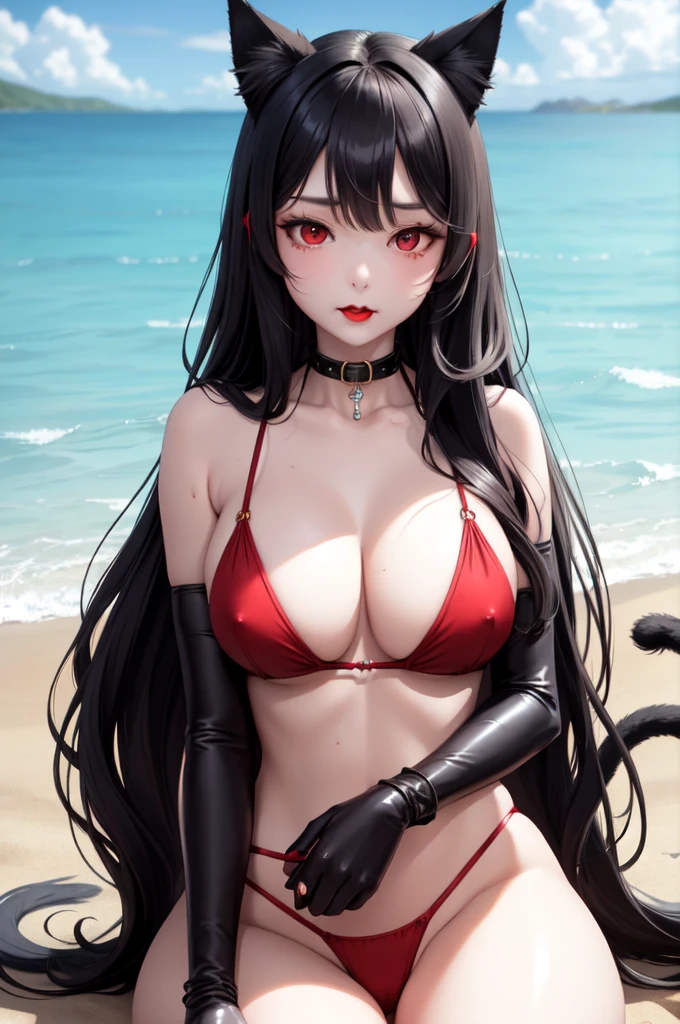 Detailed facial details,1 girl、Cat ear,Black long hair,red lips,Large Breasts,Wearing a dead-reservoir water swimsuit,Silk fabric wrapped around the body,Slim,Charming red eyes,,handcuffs,collar,Radiant Skin,The facial details are very detailed, Sitting on the beach,seaside