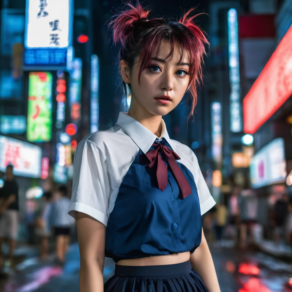(8k, RAW photo, masterpiece:1.3), (realistic, photo-realistic:1.37), (night), (looking at viewer:1.331), (bloody hair), posing, Tokyo street, nightcityscape, cyberpunk city, soft light, naked girl, extremely beautiful face, bust, put down hands, Random hairstyle, Random expression, big eyes, lower abdomen, (short-sleeved .JK_shirt), JK_style, (dark blue short JK_skirt), (bow JK_tie), mix4., best quality