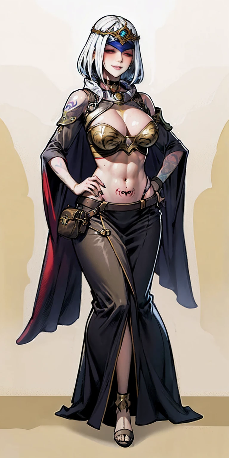 Two long thighs, short hair, large breasts, detached sleeves, very white background, royal tiara, long cape, yellow tiger bikini, high heels, hands on hips. red tattoo on belly navel, full body female MILF BIMBO, lustful smirking smile face (red blush), metal shoulders, golden bracers sleeveless, black choker sex slave, blindfolded, leather corset abs navel, parted lips, blindfolded