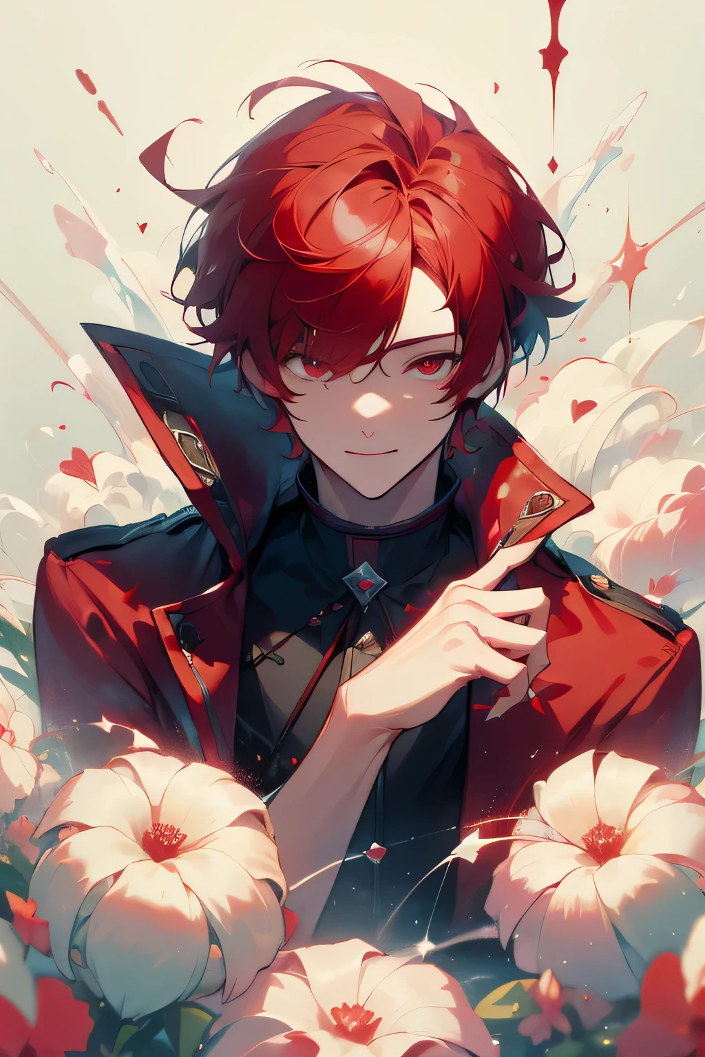 Masterpiece, highres, best quality, solo, 1 male, short hair, red hair, red eyes, red coat, smile facial, pastels, blood, ted flowers