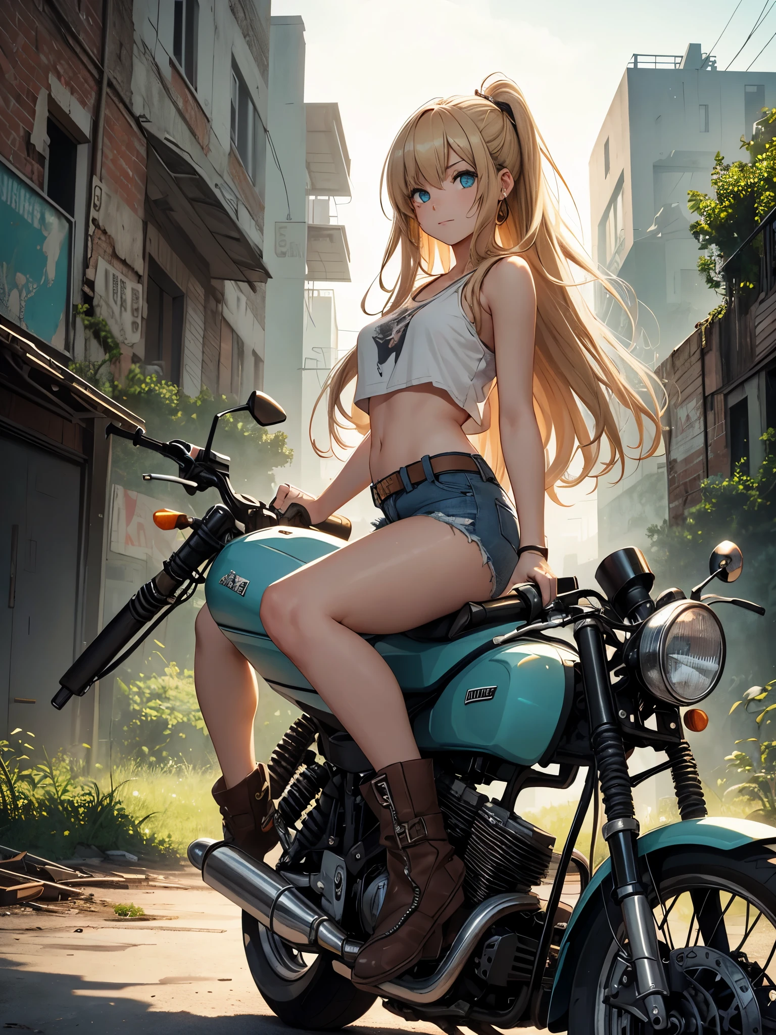 masterpiece, best quality,cowboy shot,1girl,(watercolor painting):1.2,pencil sketch,BREAK,18 years old, (cyan eyes):1.2,( long hair, strait hair,blond hair),BREAK White tank top,denim shorts, fingerless gloves, Work boots,Hip Hop, Punk Look, Chain,small smile,BREAKA photorealistic image of a young girl, Eliana, about 18 years old, (riding her vintage 1970s-style black motorcycle), through the ruins of an abandoned city at dusk. The scene captures her in a cowboy shot, riding intently through the decaying urban landscape. The ruins are filled with crumbled buildings, overgrown vegetation, and scattered debris, BREAKmasterpiece, best quality, ultra detailed, highres,4k,