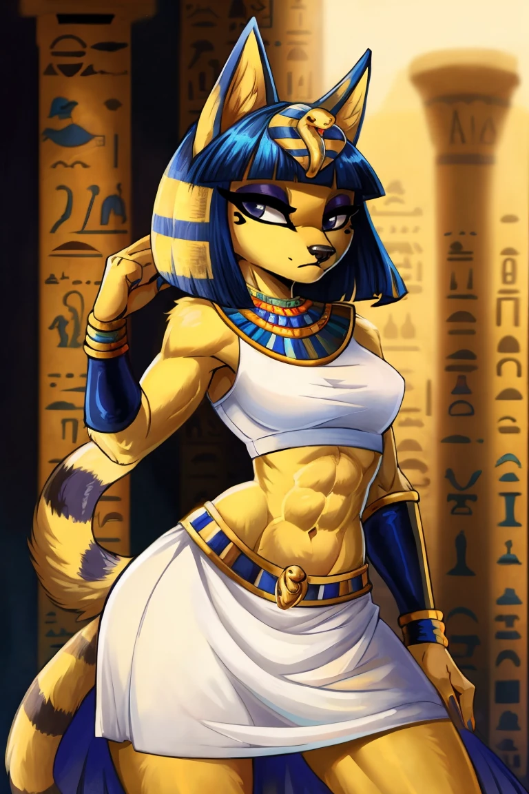 ((best quality)), ((masterpiece)), (detailed), a digital artwork of ankha with abs wearing a crop top of her white sleeveless dress with white long dress skirt, a bare midriff and a bare navel, Egyptian setting, tail, blue Egyptian handbands, furry, anthro style,