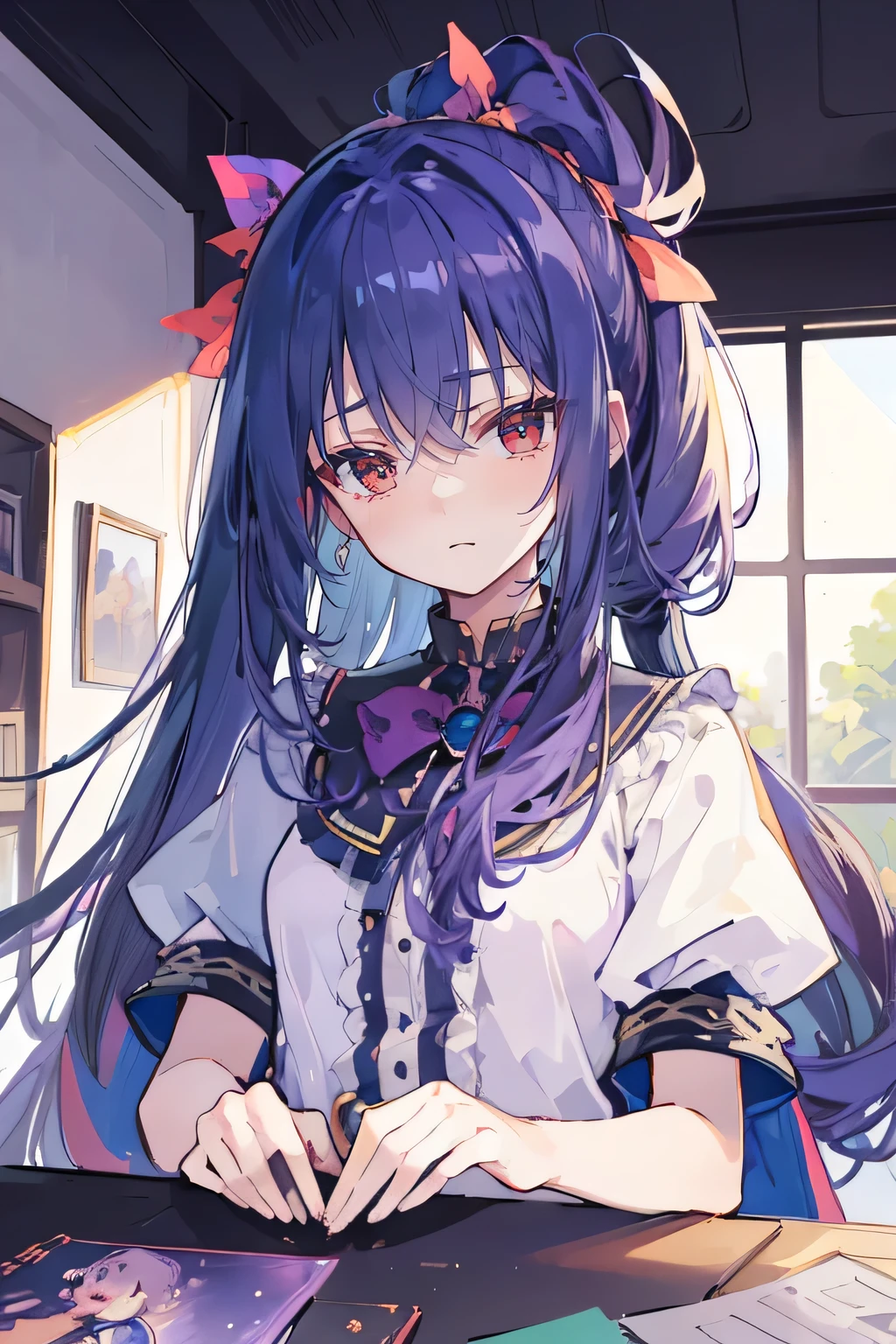 (Best Quality: 1.3), (Masterpiece: 1.3), (Illustration: 1.3), (Ultra Detailed: 1.3), (Imide Lens: 0.9), 1girl, Medium Breasts, Purple Eyes, ((Dark Blue Hair) ), hair accessories, young, clothing-gladiia, long hair, dark blue hair, indoors, black shorts, high socks, low ponytail, expressionless, upper body, close-up, coat, skirt,