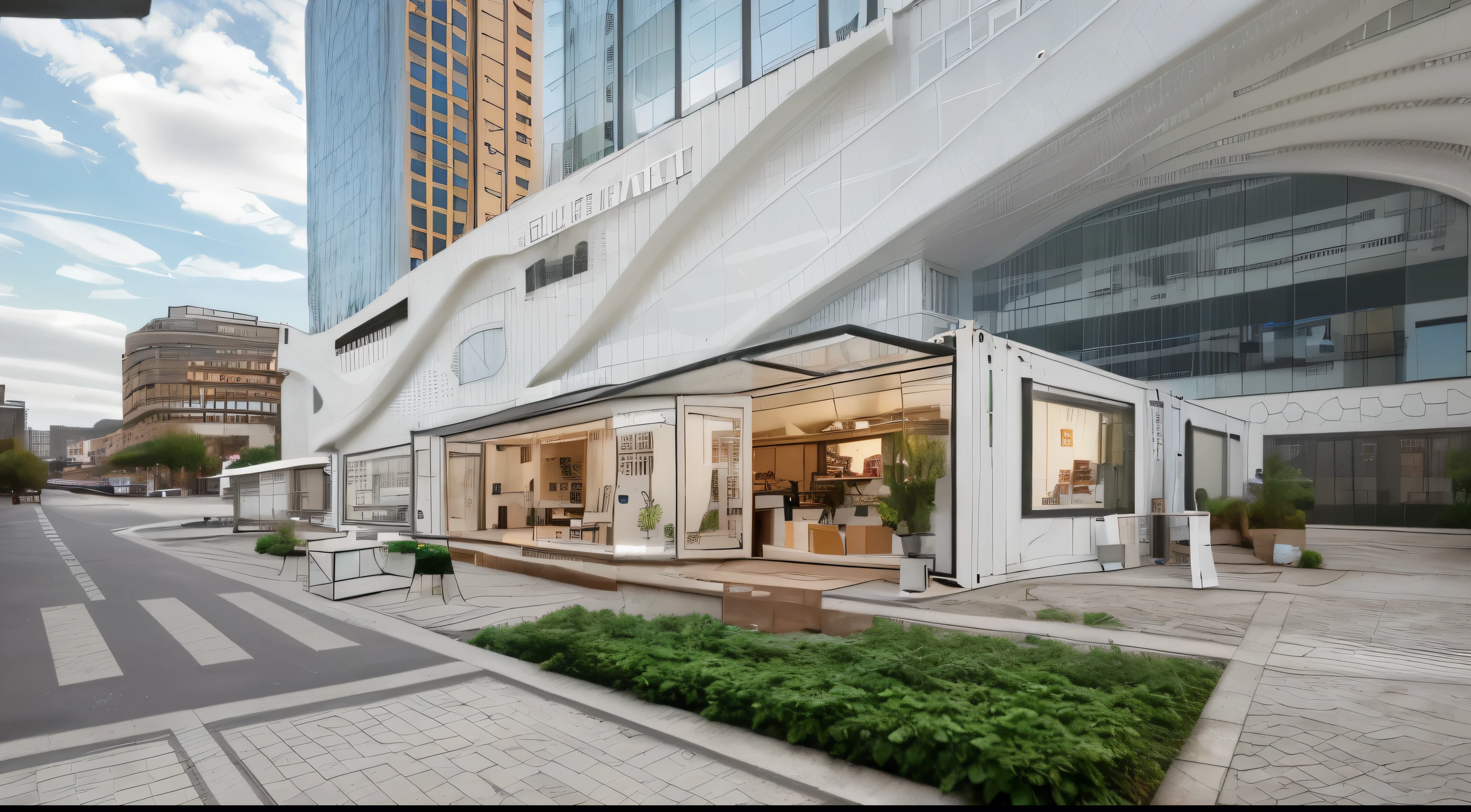 HD,Outdoor shopping street,White shipping container,Glass curtain wall,reality
