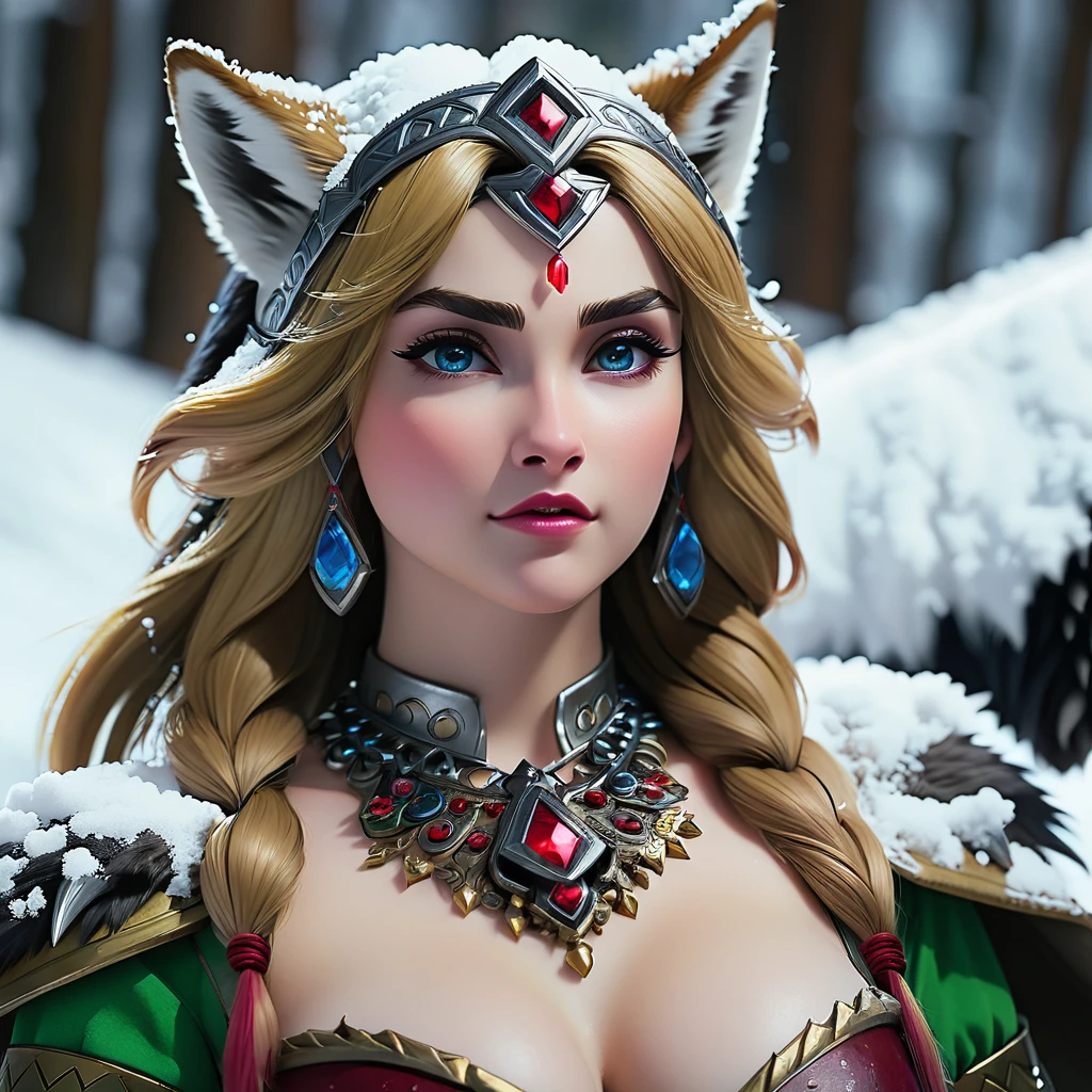 4k highly detailed realistic digital extremely high quality RAW photograph, a portrait photo of Princess Zelda that lived with wolves her whole life is now leading them to battle. torn clothes exposing (nude:1.4) body, armored pauldrons, fangs, curled horns, big breasts, ((snow and blood)), ((wolf tattoos)), epic, hyperrealistic, hyperrealism, 8k, cinematic lighting, greg rutkowski, wlop, (f1.8 short focus bokeh)