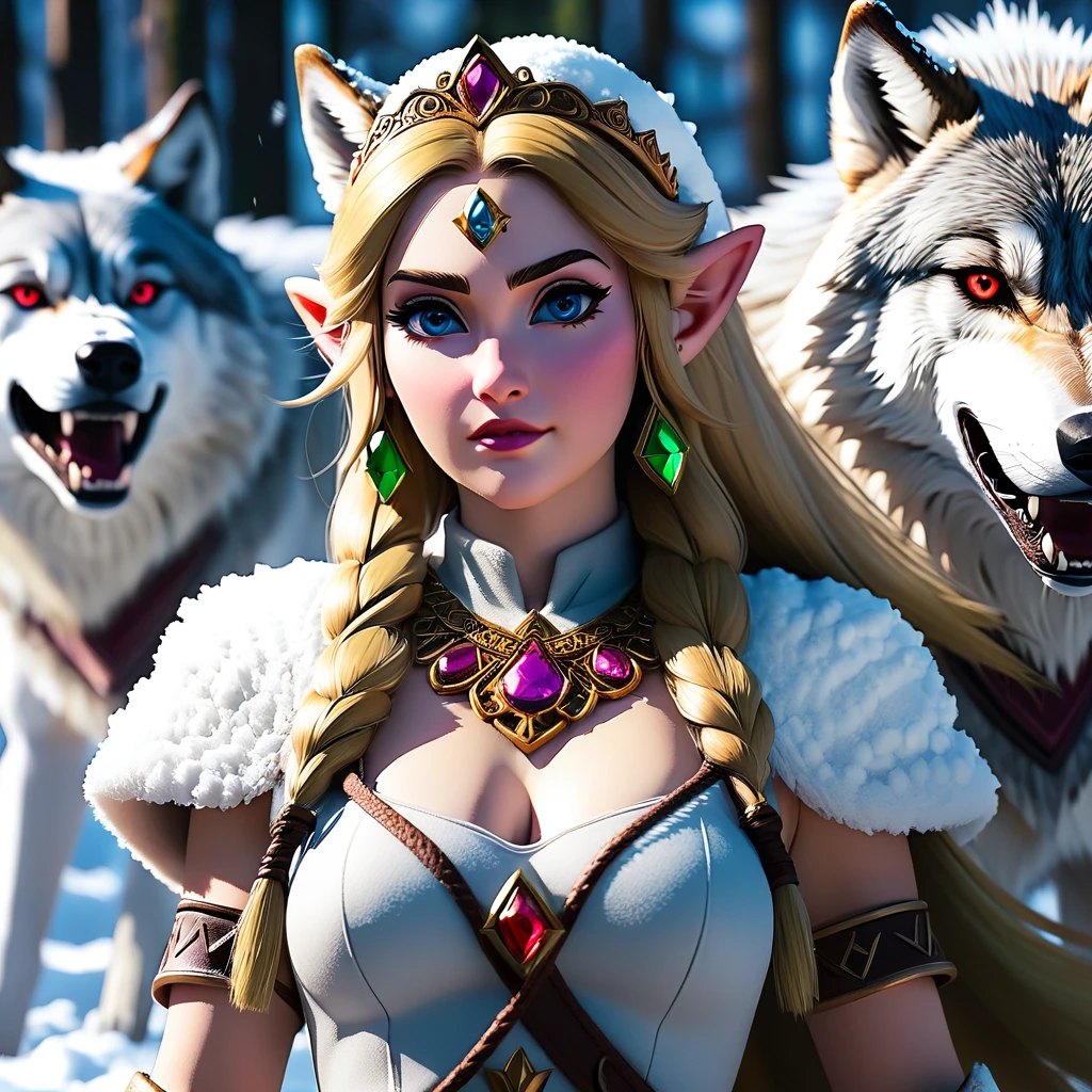 4k highly detailed realistic digital extremely high quality RAW photograph, a portrait photo of Princess Zelda that lived with wolves her whole life is now leading them to battle. torn clothes exposing (nude:1.4) body, armored pauldrons, fangs, curled horns, big breasts, ((snow and blood)), ((wolf tattoos)), epic, hyperrealistic, hyperrealism, 8k, cinematic lighting, greg rutkowski, wlop, (f1.8 short focus bokeh)