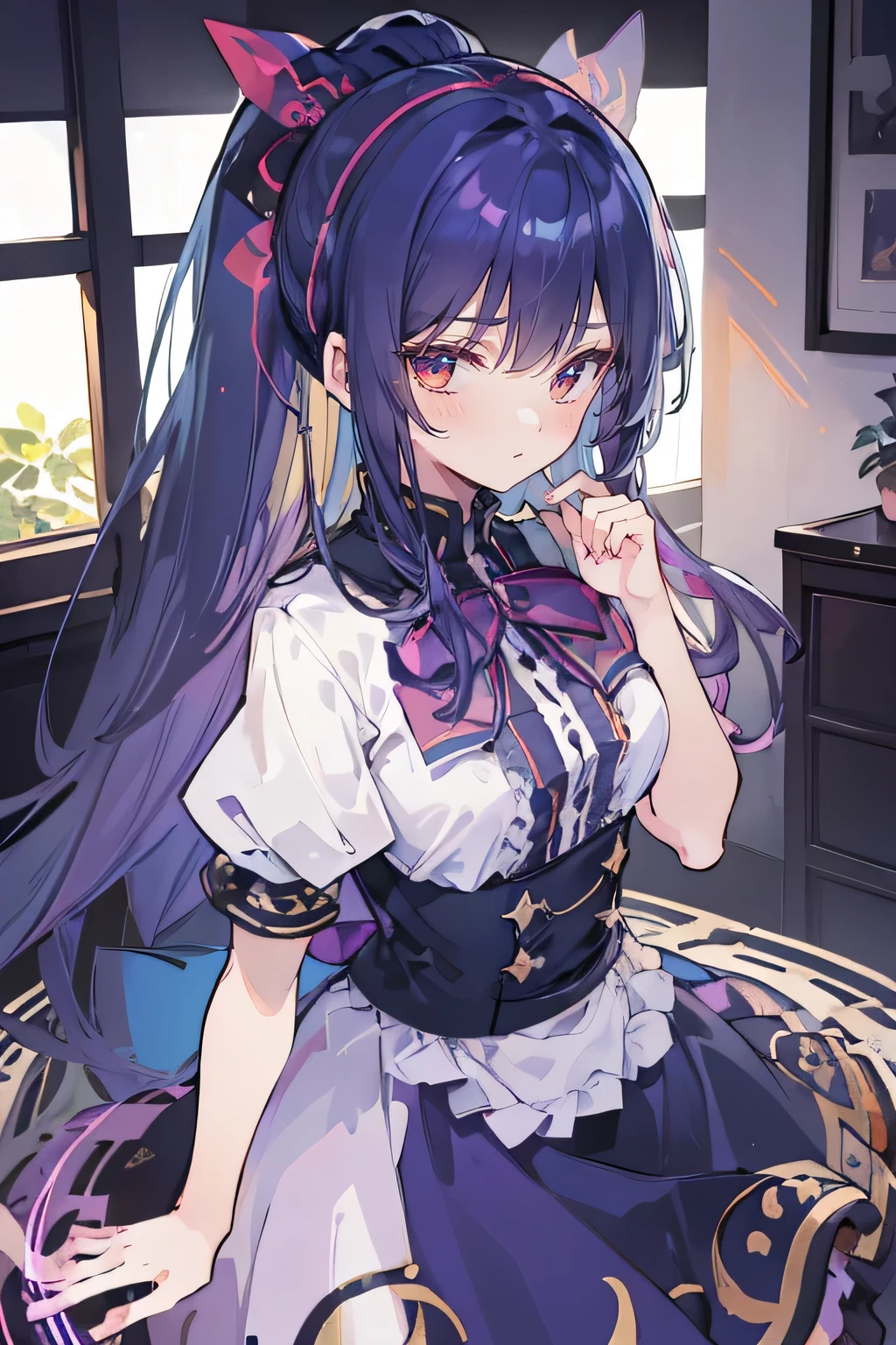 (Best Quality: 1.3), (Masterpiece: 1.3), (Illustration: 1.3), (Ultra Detailed: 1.3), (Imide Lens: 0.9), 1girl, Medium Breasts, Purple Eyes, ((Dark Blue Hair) ), hair accessories, young, clothing-gladiia, long hair, dark blue hair, indoors, black shorts, high socks, low ponytail, expressionless, upper body, close-up, coat, skirt,