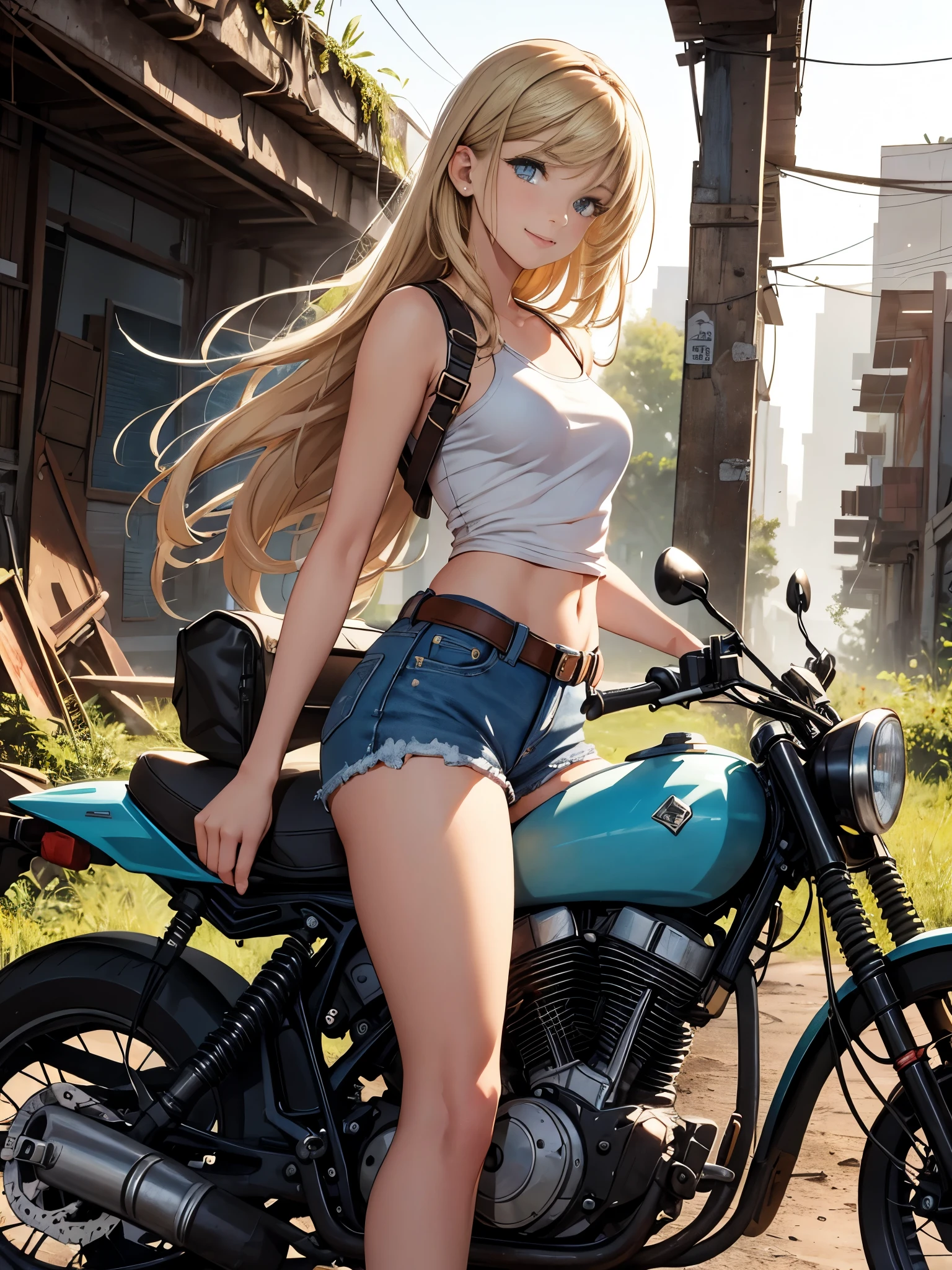 masterpiece, best quality,cowboy shot,1girl,(watercolor painting):1.2,pencil sketch,BREAK,18 years old, (cyan eyes):1.2,( long hair, strait hair,blond hair),BREAK White tank top,denim shorts, fingerless gloves, Work boots,Hip Hop, Punk Look, Chain,small smile,BREAKA photorealistic image of a young girl, Eliana, about 18 years old, (riding her vintage 1970s-style black motorcycle), through the ruins of an abandoned city at dusk. The scene captures her in a cowboy shot, riding intently through the decaying urban landscape. The ruins are filled with crumbled buildings, overgrown vegetation, and scattered debris, BREAKmasterpiece, best quality, ultra detailed, highres,4k,