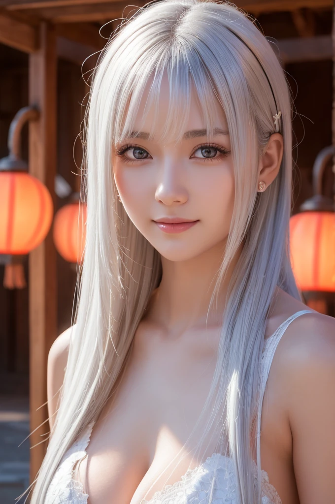 ghighest quality、8k Masterpiece、ultraA high resolution、(Photorealistic:1.3)、RAW Photos、((Ultra-Realistic Details))、Portrait、Global Illumination、Shadow、Octane Rendering、8k、Super sharp、soft、warm colors、Very intricate details、Realistic Light、CGSoation Trend、1 girl、30 years old, Silvery white hair、Glowing Skin、Beautiful and shining eyes、Beautiful breasts、To the camera、Neon Details、Landscapes of unimaginable beauty、100 Light of japanese red lanterns、Swirl、samurai girl in the center、female、sexy、Healthy Body、Japanese、A beauty that everyone falls in love with、smile、whole body, fantasy, , fantasy, charm