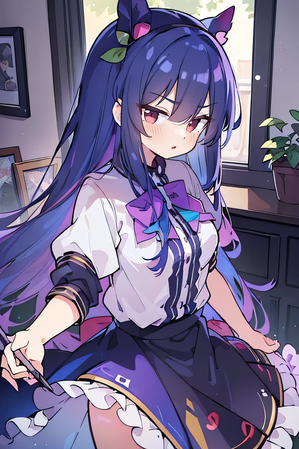 (Best Quality: 1.3), (Masterpiece: 1.3), (Illustration: 1.3), (Ultra Detailed: 1.3), (Imide Lens: 0.9), 1girl, Medium Breasts, Purple Eyes, ((Dark Blue Hair) ), hair accessories, young, clothing-gladiia, long hair, dark blue hair, indoors, black shorts, high socks, low ponytail, expressionless, upper body, close-up, coat, skirt,