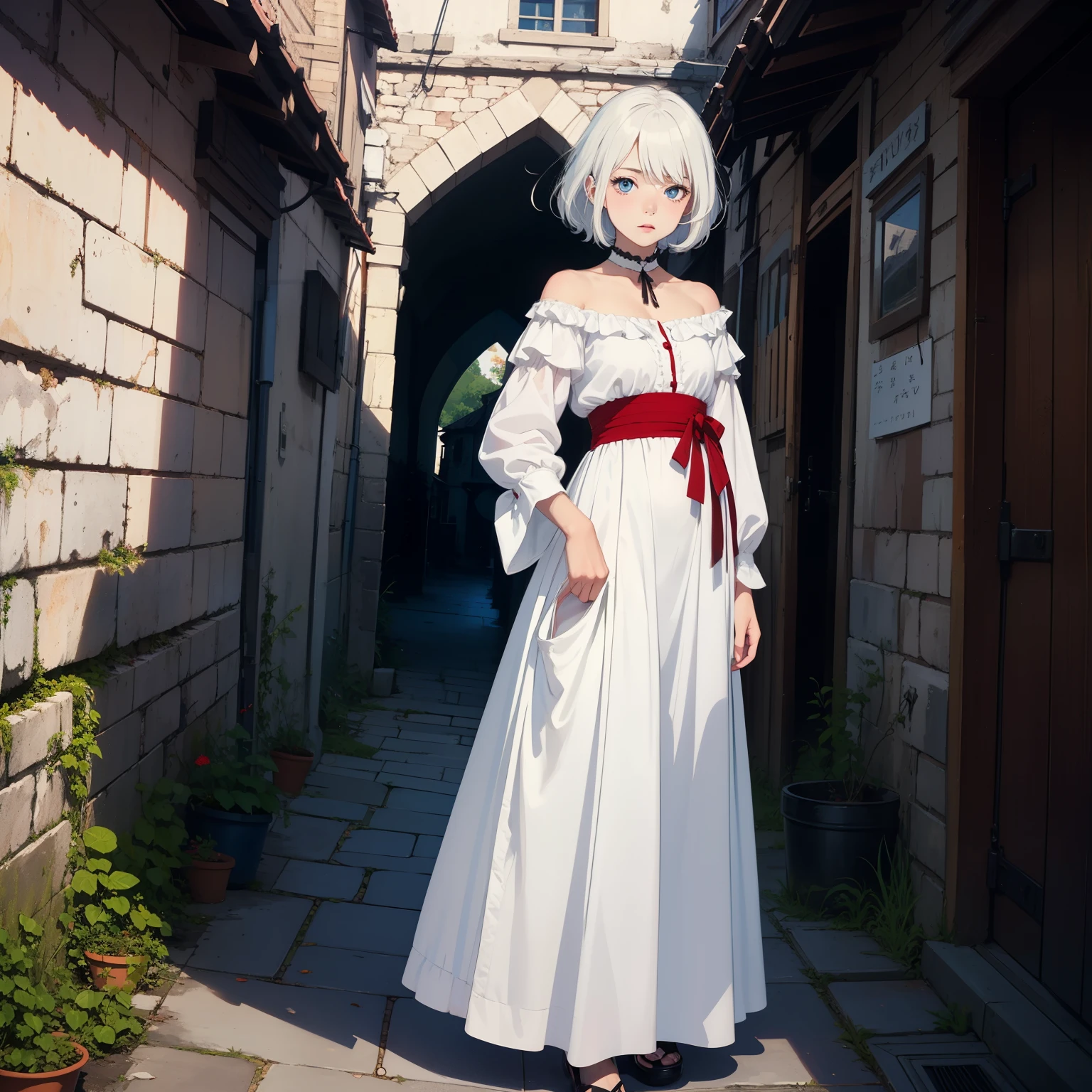 ((best quality)), ((masterpiece)), (detailed), 1girl, anime original character, full-length shot, white hair, 10 year-old, bright blue eyes, old medieval village