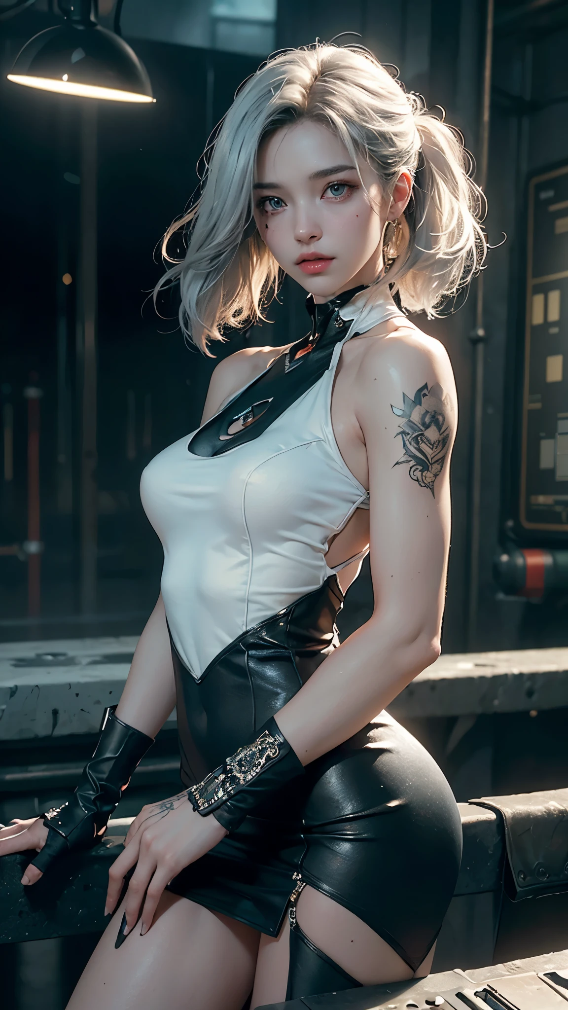 ((Best quality)), ((masterpiece)), (detailed:1.4), 3D, an image of a beautiful cyberpunk female,HDR (High Dynamic Range),Ray Tracing,NVIDIA RTX,Super-Resolution,Unreal 5,Subsurface scattering,PBR Texturing,Post-processing,Anisotropic Filtering,Depth-of-field,Maximum clarity and sharpness,Multi-layered textures,Albedo and Specular maps,Surface shading,Accurate simulation of light-material interaction,Perfect proportions,Octane Render,Two-tone lighting,Wide aperture,Low ISO,White balance,Rule of thirds,8K RAW, protruding nipple, tattoo , silver white shoulder hair, sleeveless dress 