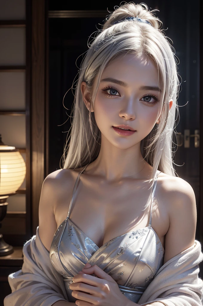 ghighest quality、8k Masterpiece、ultraA high resolution、(Photorealistic:1.3)、RAW Photos、((Ultra-Realistic Details))、Portrait、Global Illumination、Shadow、Octane Rendering、8k、Super sharp、soft、warm colors、Very intricate details、Realistic Light、CGSoation Trend、1 girl、30 years old, Silvery white hair、Glowing Skin、Beautiful and shining eyes、Beautiful breasts、To the camera、Neon Details、Landscapes of unimaginable beauty、100 Light of japanese red lanterns、Swirl、samurai girl in the center、female、sexy、Healthy Body、Japanese、A beauty that everyone falls in love with、smile、whole body, fantasy, small tits, fantasy, charm