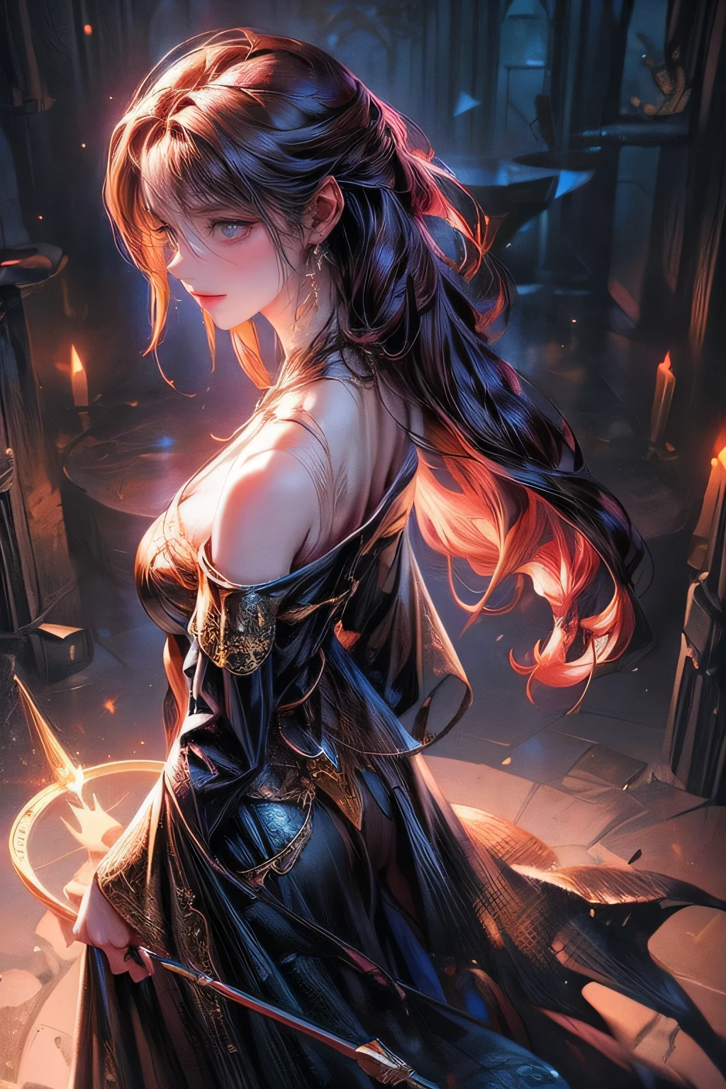 Fantasic Illustration, Masterpiece: 1.2, Highest Quality, Highres, 16k, Beautiful Detailed, Ultra-Realistic, Photo Realistic: 1.37, Beautiful Cute witch girl with a magic wand, standing in the center of the magic circle and chanting a spell, growing eyes, shining pupils, blushed cheek, shiny rosy lips, wearing magic garment bare shoulder, delicate beautiful (hair, face, eyes, pupils, long eyelash, magic circle), cinematic angle, magical fantasy, dark fantasy, dark gothic, dramatic lighting, dramatic background, cinematic atmosphere, intricate, digital art, concept art, backview