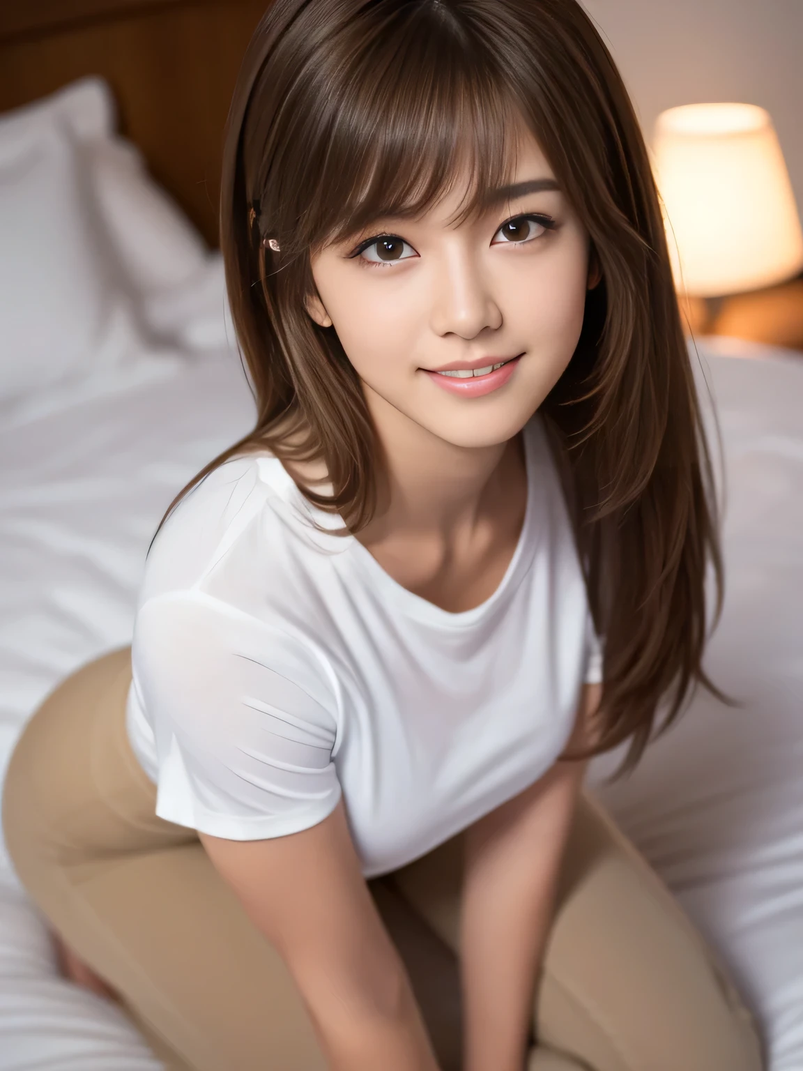 masterpiece, best quality, ultra-detailed, intricately detailed hyperdetailed, realistic, sharp features, highly detailed, sharp focus, Realistic, Photorealistic:1.3, (20 years old:1.3), perfect face, perfect symmetrically eyes, perfect full lips, hyper detailed, hyper realistic, high resolution, Fashion Model, Japanese Idol, Slender, brown hair, Stylish, Beautiful Face, light brown hair, messy hair, Beautiful hairstyle, , (grin), (tight fitting white t-shirt:1.2), (kneeling), Bed, (looking at viewer), upper body, (high angle shot), cinematic lighting, in focus with blurred background,