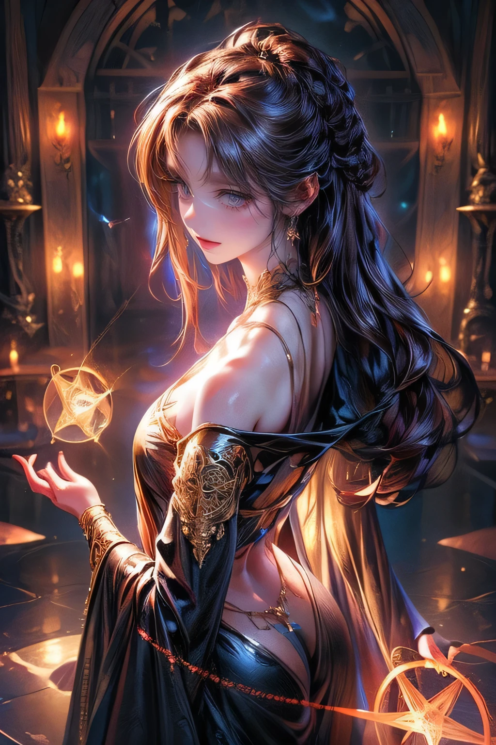 Fantasic Illustration, Masterpiece: 1.2, Highest Quality, Highres, 16k, Beautiful Detailed, Ultra-Realistic, Photo Realistic: 1.37, Beautiful Cute witch girl with a magic wand, standing in the center of the magic circle and chanting a spell, growing eyes, shining pupils, blushed cheek, shiny rosy lips, wearing magic garment bare shoulder, delicate beautiful (hair, face, eyes, pupils, long eyelash, magic circle), cinematic angle, magical fantasy, dark fantasy, dark gothic, dramatic lighting, dramatic background, cinematic atmosphere, intricate, digital art, concept art, backview