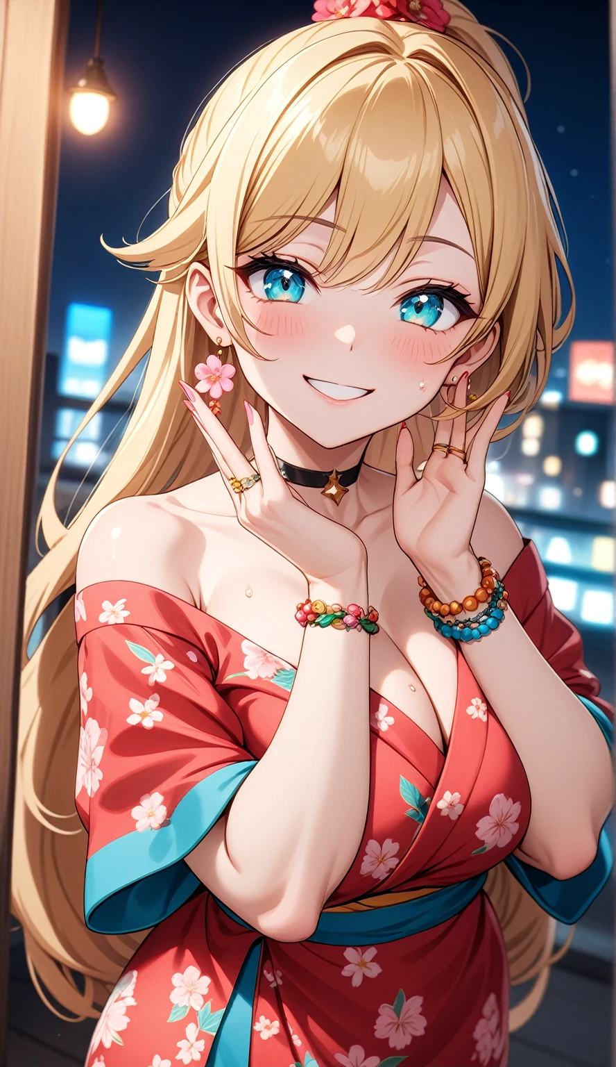 ((one personの女性)), Beautiful Face, Laughing embarrassedly,((Wink:2.3)),((She is holding her cheeks with both hands and has a joyful smile:2.0)),Laughing with your mouth open,((Red cheeks:1.4)),Lighting on the face,Glossy pink lips,night,rooftop,Festive decorations,You can see the ocean, firework,((Anime style background)),masterpiece, highest quality, so beautiful, Latest, Complex details, (Pink long nails),(ring),(flower bracelet),Floral choker,AI-generated, Complex,High resolution, highest quality, super high quality,3D Images、View your viewers、3D Images,one person,Long Blonde Hair,High Ponytail,Turquoise Eyes,Anime woman posing for a photo, (Fine grain,Colorful eyes,Shining Eyes:1.4),(Squint your eyes:1.1),a hyperRealistic , hyperRealistic , Realistic,Blonde anime woman with long hair, Smooth anime CG art, A woman in a colorful kimono with gold embroidery, (Pink kimono),Red floral pattern,Long flower hair ornament,Large floral earrings,(ring),(Big Breasts:1.2),Mole on chest,Exposed nipples,Sweating,Mature Body,Tall,Big Ass,Fine details,Narrow waist,Abdominal muscles,Shooting from an angle