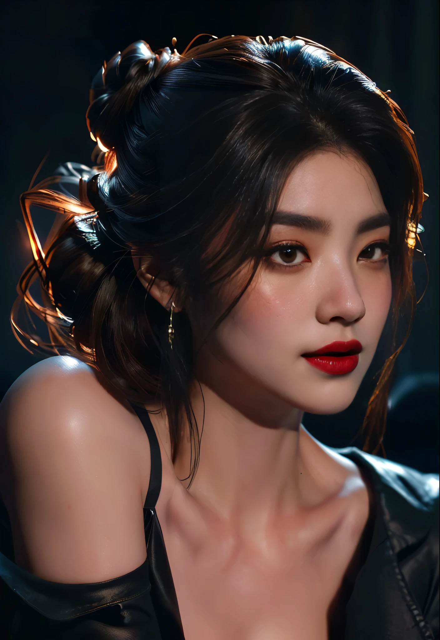 (High resolution,Practical) Long hair girl,skirt, Beautiful demon woman from hell, (in the darkness: 1.6), Very rich facial details,Red-black lips, Shoulder devil tattoo,rugged, Moderate: Detailed facial features, Determine the expression, Dark background,The environment is mysterious and elegant, Model, High contrast required, Jewelry, earrings, miniskirt, shirt, Jacket, brown hair, 白shirt, A bracelet, Hair Bun, single Hair Bun, long skirt, Shut up, Hoop Earrings, blue Jacket, skirt, Beautiful demon woman from hell, (in the darkness: 1.6), 大卫霍克尼和阿尔方斯穆夏的Surrealism女性portrait, Fantasy Art, Korean Doll, Photorealism, Dynamic Lighting, Art Station, poster, Volumetric Lighting, Very rich facial details, 8K, in the darkness, Deep Shadows, low pitch, long hair, Black Hair, Luxurious Palace, Royal style, Demon Crown, The red eye makeup is very vivid and detailed, the most beautiful face, Normal breast, Surrealism, Charming smile, The eye makeup is beautiful, Gurwitz, Devil style, Red-black lips, Shoulder devil tattoo, Gloomy weather,Thunder, (portrait), Close-up of the protagonist, (Scene details 1.8), Revealing clothes, cosmetic, 白skirt
