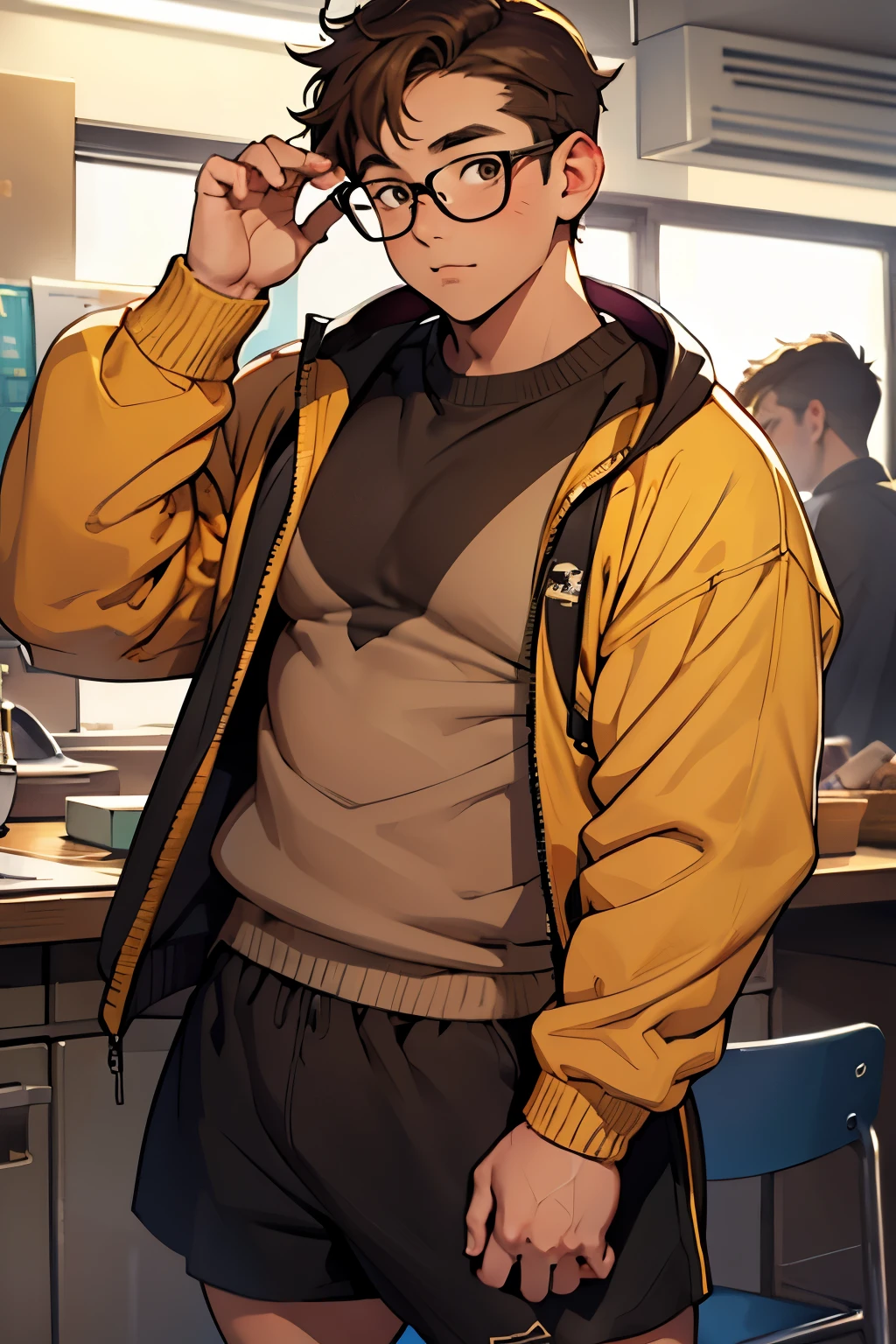 a young cute boy, 13 years old nerd boy, brown eyes em and a messy honey brown hair, and rounded glasses, a chubby body, dressing a black sweater and training shorts, perfect face, perfect glasses
