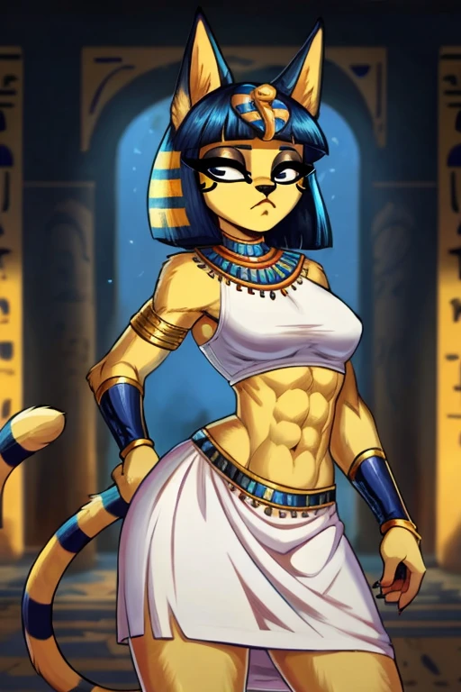 ((best quality)), ((masterpiece)), (detailed), a digital artwork of ankha with abs wearing a crop top of her white sleeveless dress with white long dress skirt, a ???? midriff and a ???? navel, Egyptian setting, tail, blue handbands, furry, anthro style,