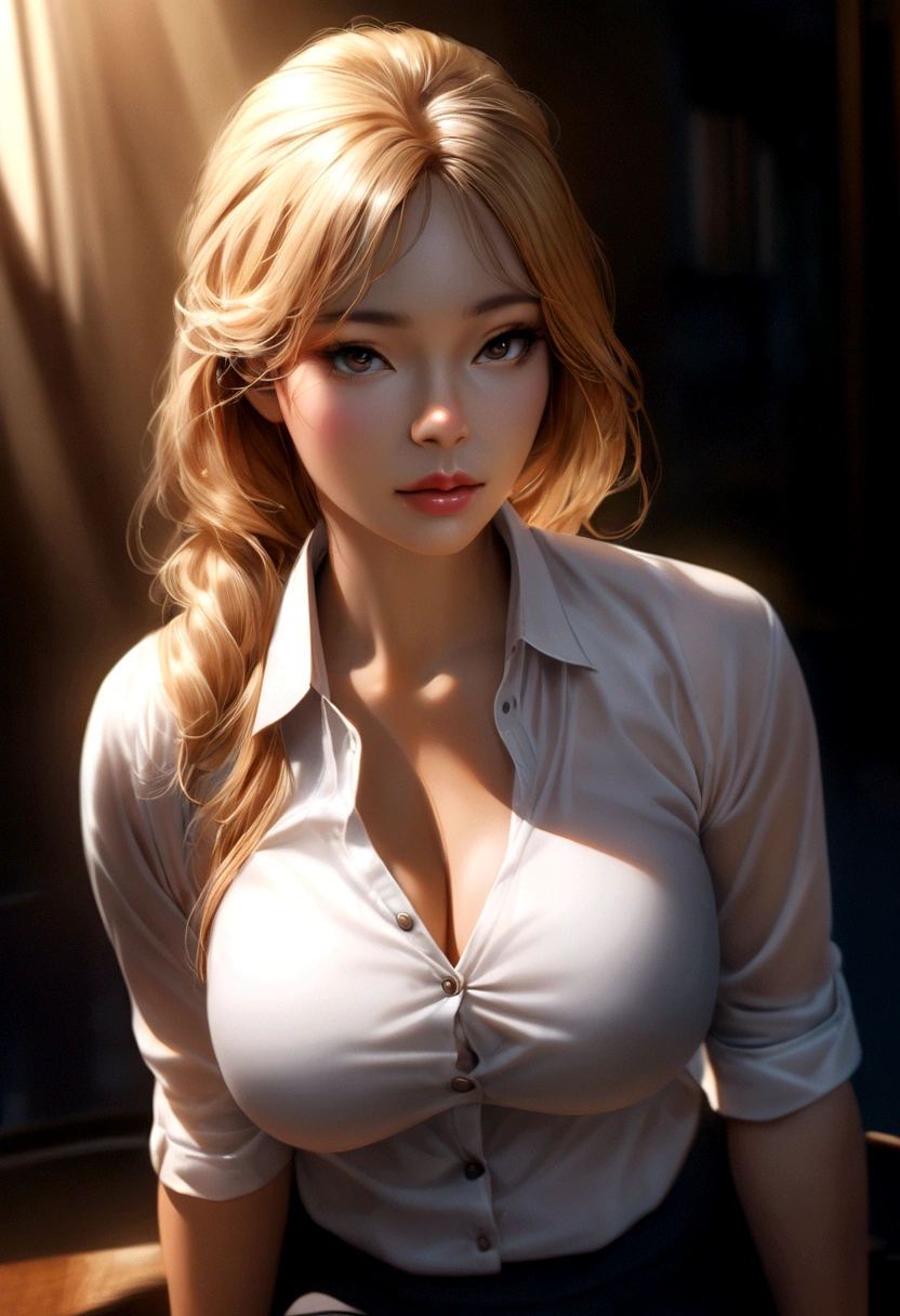 a sexy asian office lady, unbuttoned shirt, black miniskirt, long blonde hair, huge ass and breast, beautiful detailed eyes, beautiful detailed lips, extremely detailed face, longeyelashes, intricate details, hyper realistic, 8k, cinematic lighting, photorealistic, chiaroscuro lighting, dramatic lighting, film grain, cinematic atmosphere, high contrast, warm color tones