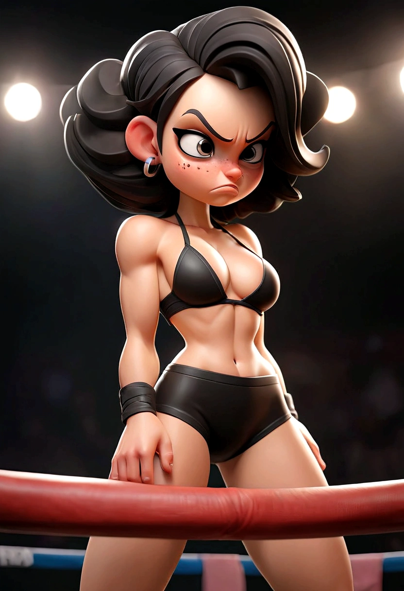 A topless girl with large breasts in black shorts, posing for the camera on a wrestling ring, full body detailed view, photorealistic, high quality, masterpiece, ultra-detailed, realistic, vivid colors, dramatic lighting, dynamic composition, sensual, erotic, edgy, moody
