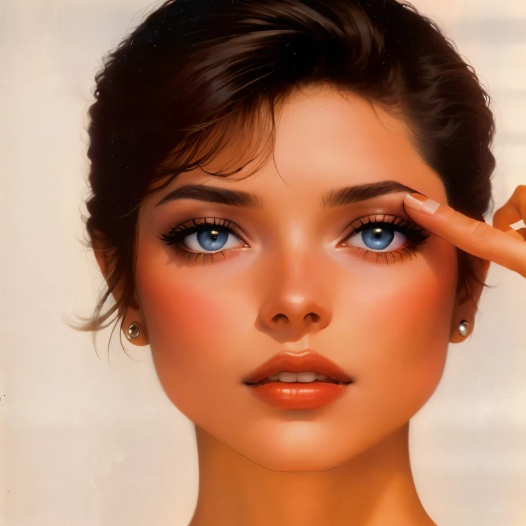 Mujer arafed con ojos verdes y un corte de pelo corto tocando su ojo., Hermosa joven Ornella Muti, maquillaje de los 90, mil novecientos ochenta y dos, 1982, 1 9 8 3, 1983, 1 9 8 1, 1981, 1 9 7 9, 1979, maquillaje vintage