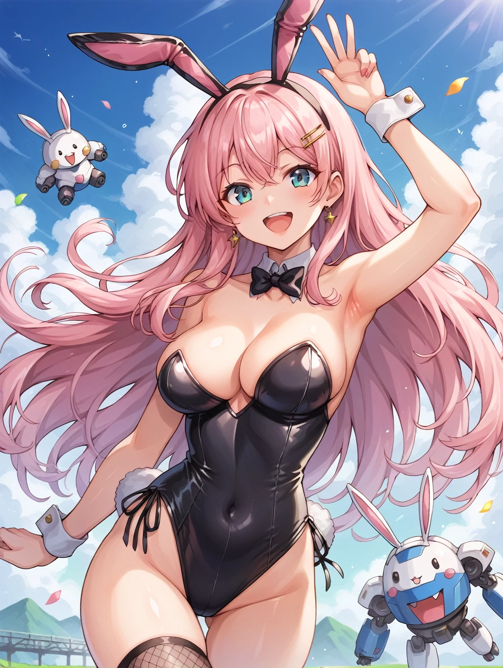 score_9, score_8_up, score_7_up, source_anime, masterpiece, best quality, high resolution, extremely detailed CG, absurdres, 1girl, a girl in mecha bunny suit, mecha bunny ears, fake animal ears, mecha armor,happy, kawaii, sky, jump, fishnet_thighhighs, large_breasts