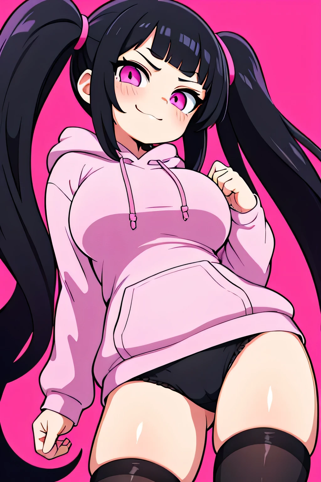 best quality, expressive eyes, perfect face, black hair, long twintails, straight bangs, pink eyes, smirking expression, pink hoodie, black thigh highs, pink lips, black panties, big breasts, adult, showing middle finger, evil 