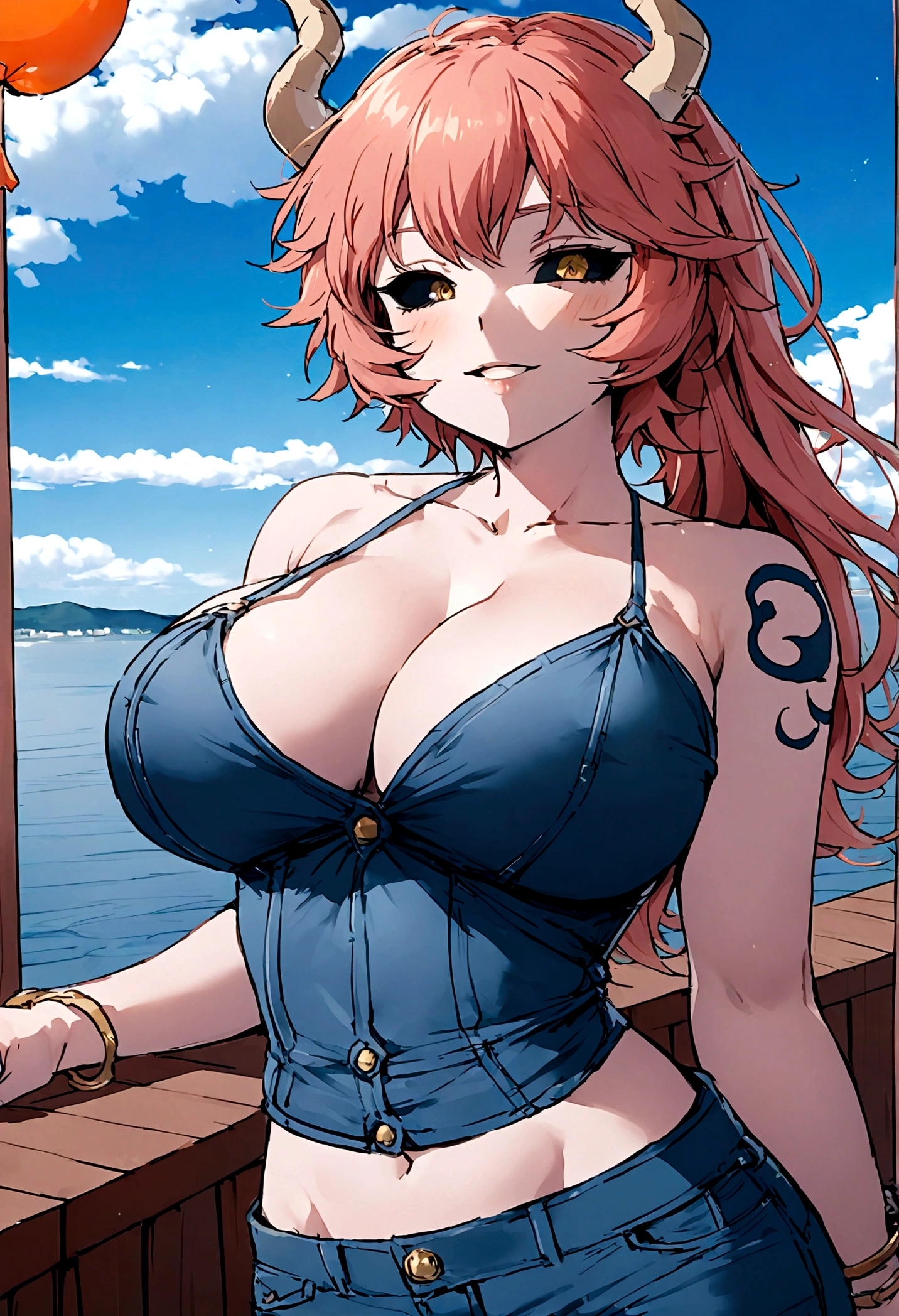 mina ashido, 1girl, solo, breasts, short hair, large breasts, shirt, white background, collarbone, yellow eyes, upper body, pink hair, short sleeves, horns, teeth, colored skin, blue shirtteeth, happy, colored sclera, emphasis lines, black sclera, pink skin