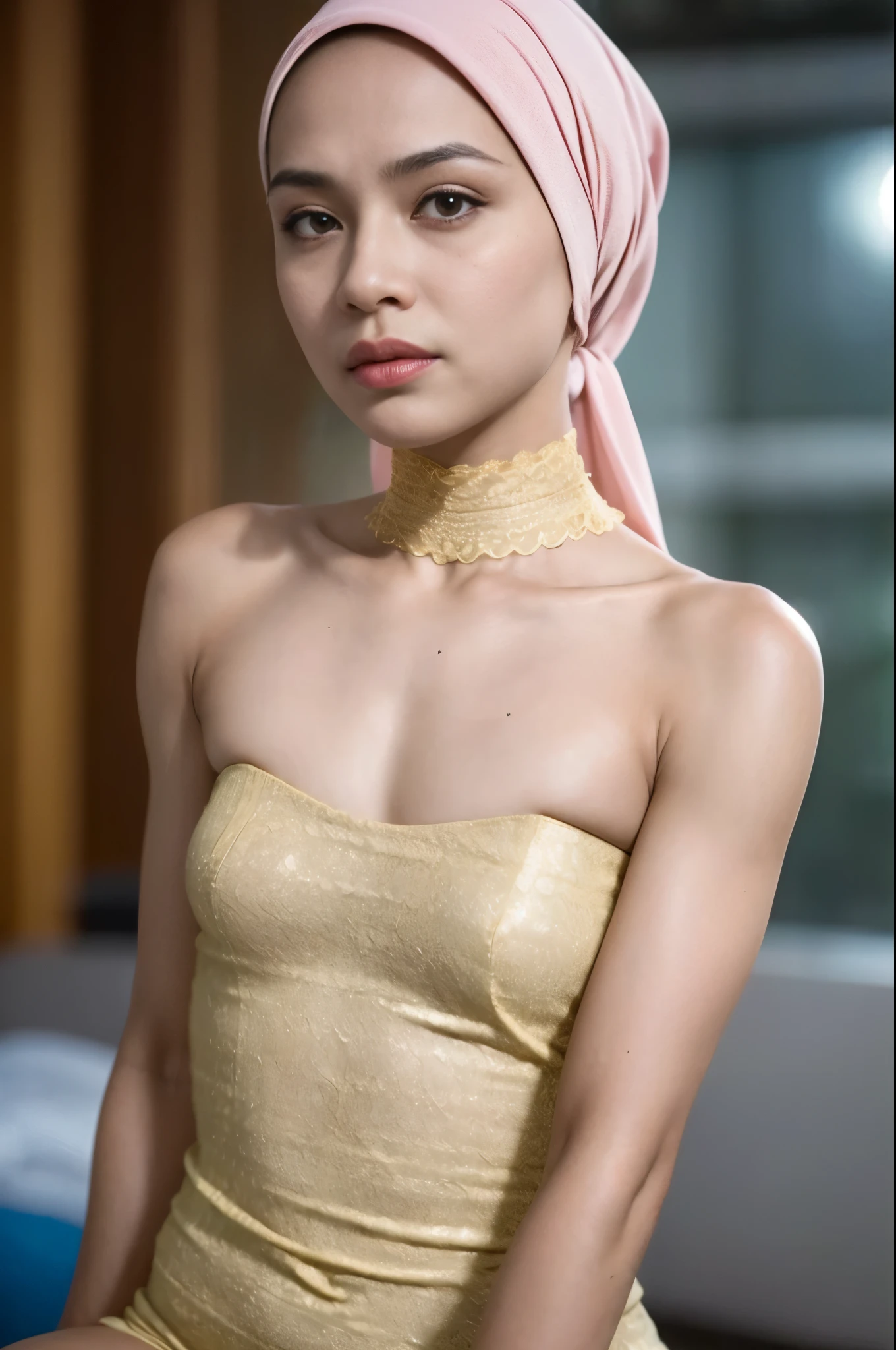 A woman with ((bright pink hijab)), Realistic, Photorealistic, 8K, Masterpiece, Best Quality, High Definition, Live Action, RAW Photo, Single Woman, Beautiful Body,Cleavage, Sexy, pink Competitive Swimsuit, ((no hair exposed))