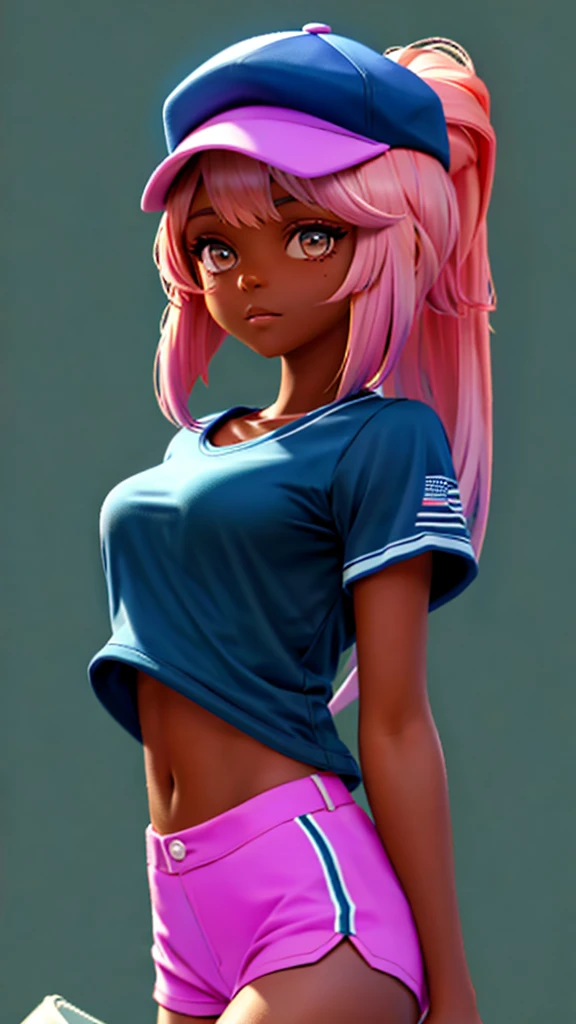 1 Girl, Solo, Dark Skinned, Dark Skinned Female, Torso, Baseball Cap, T-Shirt, Tomboy