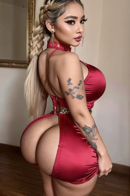 Asian girl,bimbo,bronze tan,chubby cheeks,enlarged lips,big blue eyes,long two braids blonde ,gigantic lips,Huge silicone ,narrow waist,gigantic ass,bubble butt,huge round ass,wide hips,thick thighs,long legs,(clothes: chinese qipao dress red,choker,necklace,earrings),long fingernails,manicure,(orgasm face),(face of ecstasy),(ahegao face),(high quality),(hyper realistic),( realism),(8K,UHD),tattoo chest,wide claves,(sexy pose),looking at camera,(sluty makeup),((masterpiece)),(role model:escort girl ),((detailed face)),solo,pumped ass,perfect women,very tan skin,(location:penthouse),(piercing nose,piercing eyebrow,piercing lips