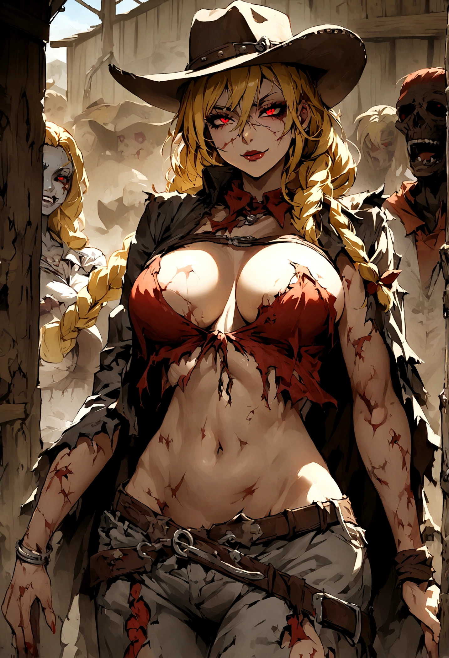 cowboy clothes, woman, large breast, blonde hair, braided hair, piercing red eyes, cowboy girl, ranch, exposed belly, seductive smile, frekles, light tan, cowboy hat, zombified, ruined clothes