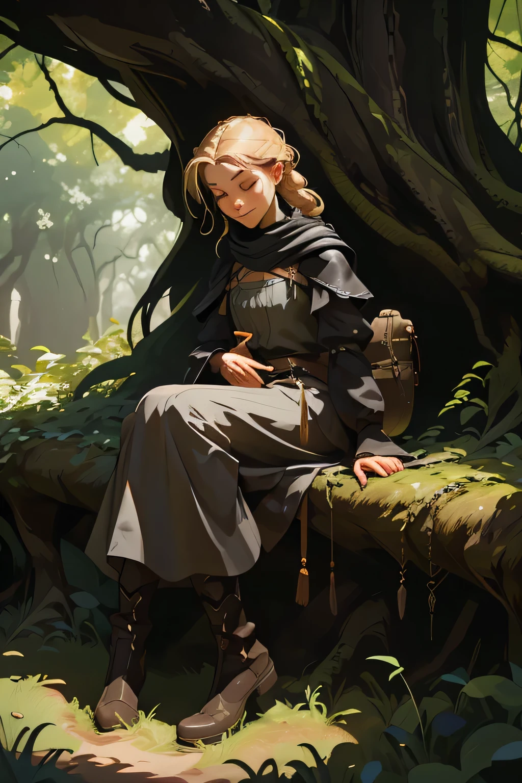 A young woman, her face adorned with a playful smile, as she clutches her trusty traveling lute close to her chest. Dressed in practical attire typical of the Dark Ages, she wears a simple, long-sleeved tunic and loose-fitting trousers tucked into tall leather boots. Her honey-blonde hair is pulled back into a practical braid, secured with a leather thong, and a few errant strands dance around her face in the wind. Surrounded by the lush, green landscape of a forest clearing, she stands beneath the shade of a towering oak tree, its gnarled branches reaching toward the sky like outstretched arms. The sunlight filters through the canopy above, casting dappled shadows across her face and clothing. As a medieval bard, she has traveled far and wide, sharing stories and songs with those she meets along the way, earning her keep and experiencing the world in all its beauty and harshness. Now, she takes a moment to rest and compose a new tune, her fingers idly strumming the strings of her lute as she gazes off into the distance, lost in thought.