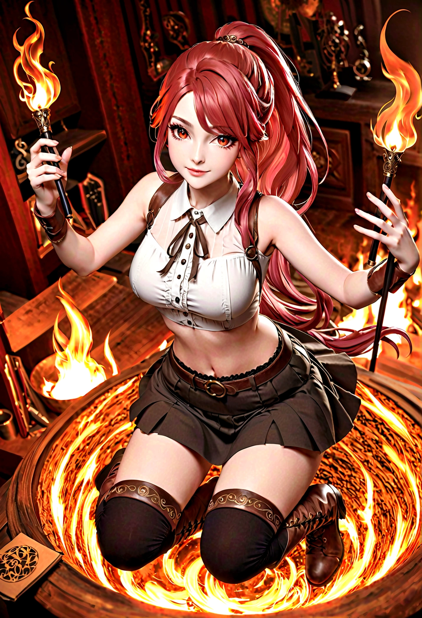 20 years old girl, long red hair, wears a ponytail, red eyes, always smiling. She dresses in an antique style, wearing a short brown skirt with black shorts underneath, ending above the knees. She wears knee-high brown boots. Her white blouse is sleeveless and features red details. She possesses fire powers and has a fire-themed background." 