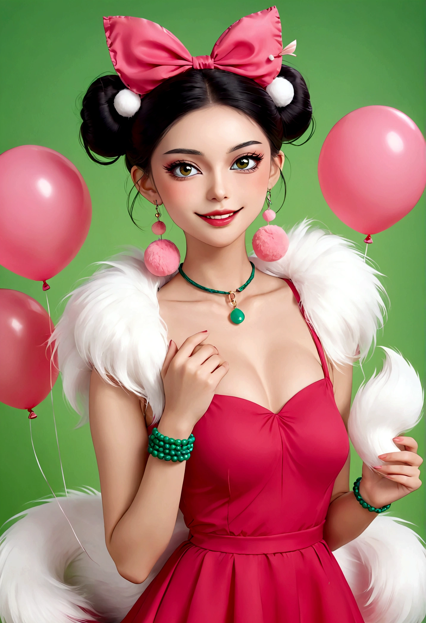 Noble and elegant girl，Beautiful face，beautiful eyes，Pink Eyeshadow，blush，Smile，(((1 big, fluffy tail)))，Black high bun，Pink pompom earrings，Sexy red tube top dress，Collar，Green Bracelet，Green balloon background wall blur